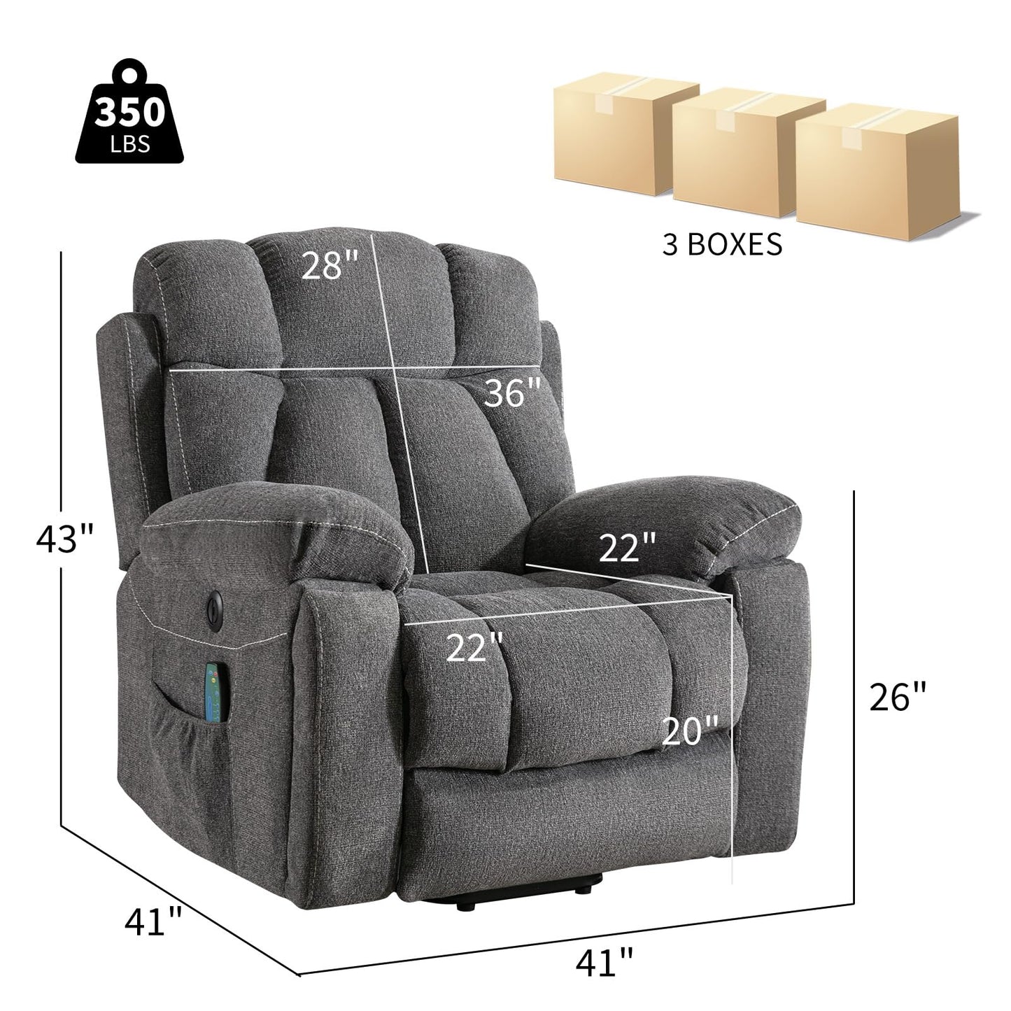 IOMOR Large Power Lift Recliner Chair for Elderly with Massage and Heat, Electric Lift Recliner Single Sofa with with 2 Cup Holders, Side Pocket & USB Charge Port for Living Room (1, Dark Gray)