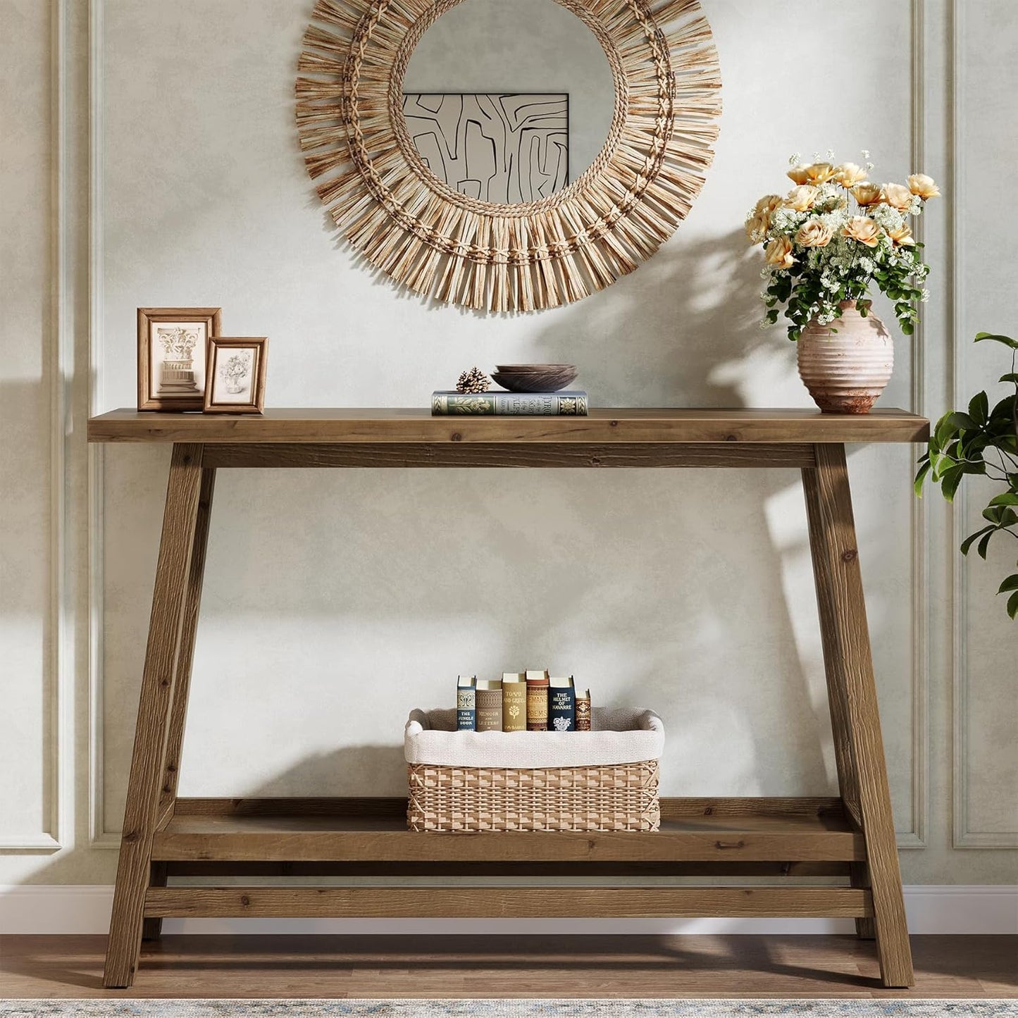 41.3" Farmhouse Console Table, Solid Wood Entryway Table with Storage Shelf, 2 Tiers of Narrow Behind Couch Sofa Furniture for Living Room, Hallway, Foyer, Easy Assembly, Brown