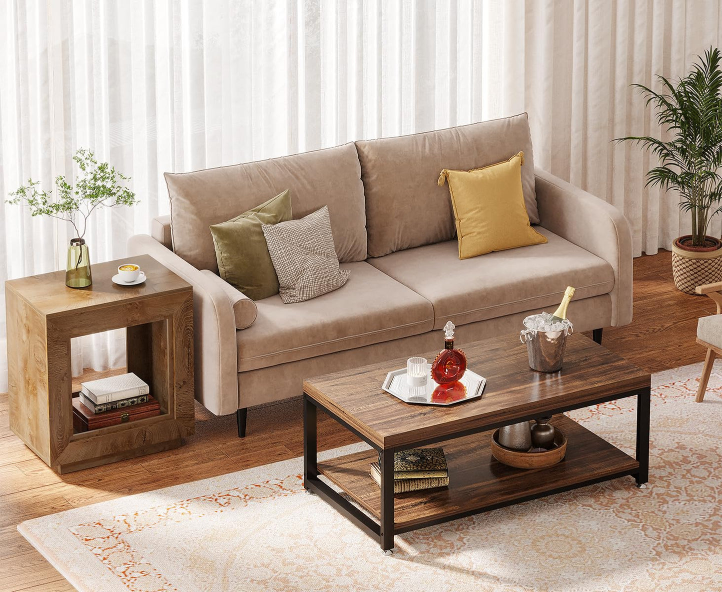 Tribesigns Rustic Wood End Table, 2 Tiered Square Side Table with Storage Shelf, Industrial Sofa Side Table for Living Room, Entrance (Rustic Brown) (1)