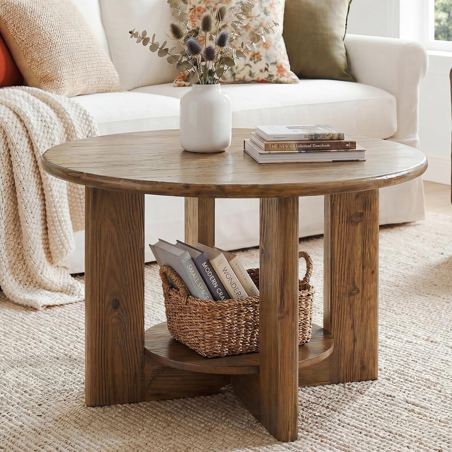 Solid Wood Round Coffee Table, 2-Tier Circle Coffee Table with Storage, Farmhouse Wood Accent Center Table for Living Room, Easy Assembly, Rustic Brown