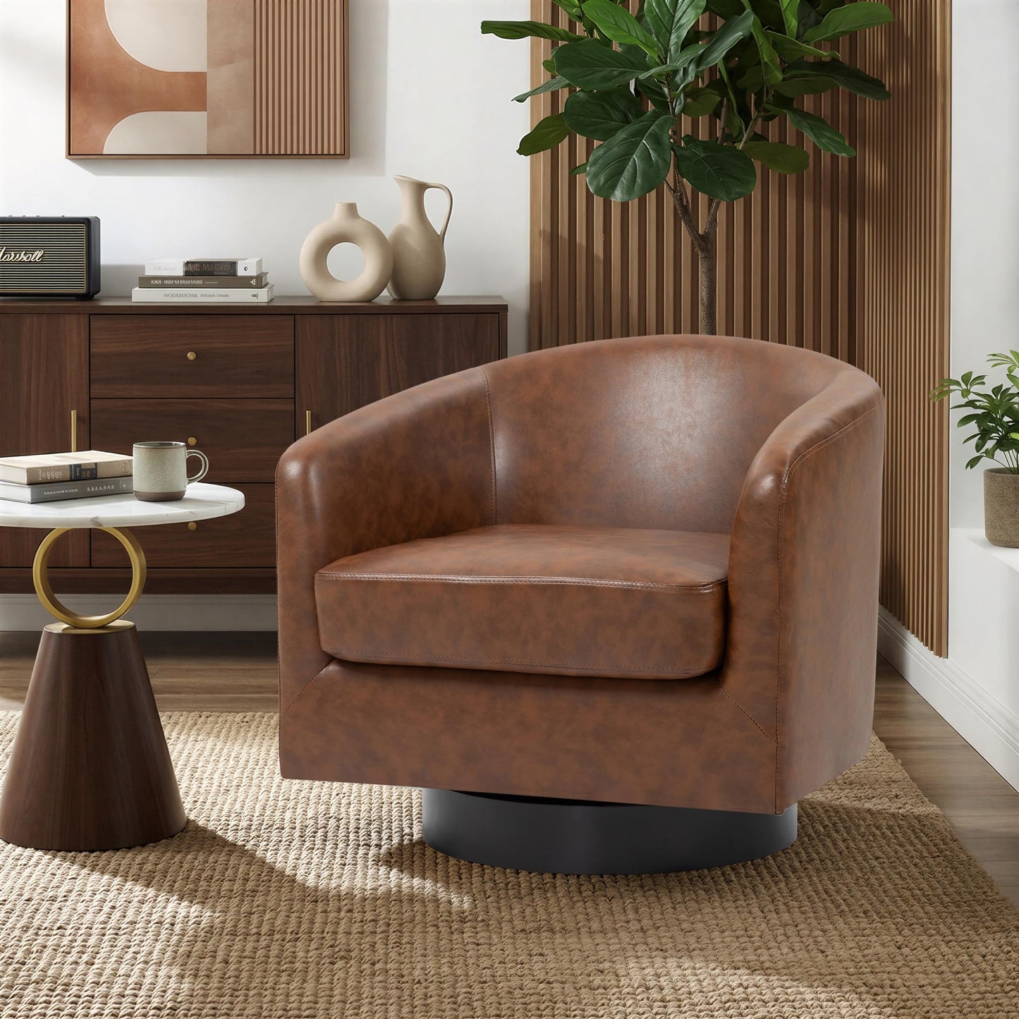 Swivel Barrel Chairs Set of 2, 31" W Modern Faux Leather Round Swivel Accent Chair for Living Room, 360° Rotation Upholstered Armchair Club Chair for Bedroom, Reading Room, Office (Brown)