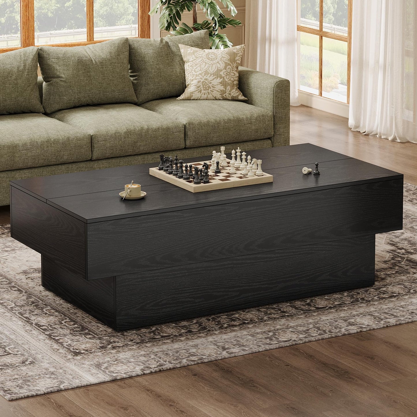 Tribesigns Modern Black Coffee Table, 55-Inch Rectangle Wooden Tea Table, Large Center Table for Living Room, Reception Room
