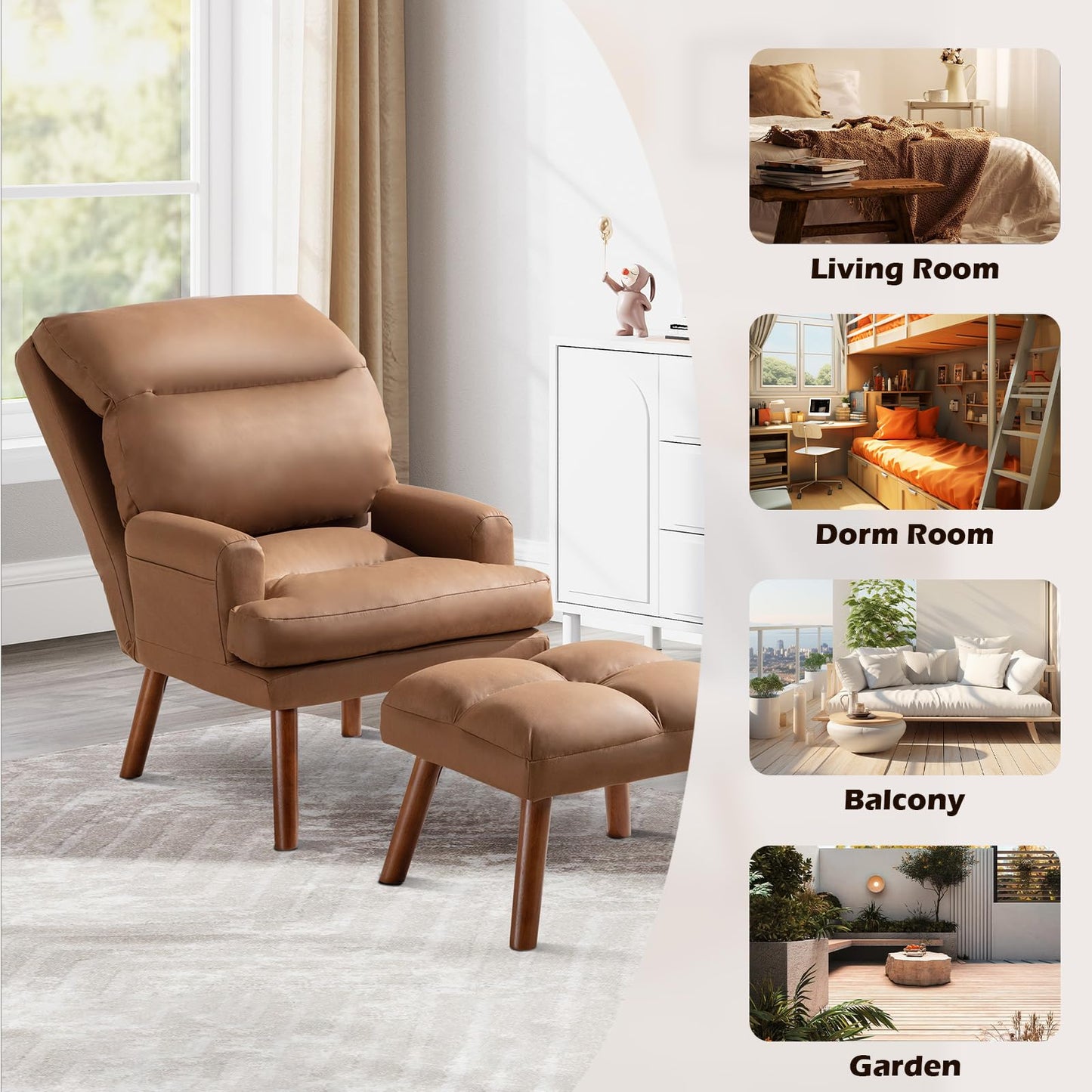 IOMOR Accent Chair with Ottoman Comfy Reading Chair Armchair with Adjustable Backrest and Side Pockets Soft Fabric Leisure Sofa for Bedroom, Living Room, Dorm Rooms, Garden, Beige