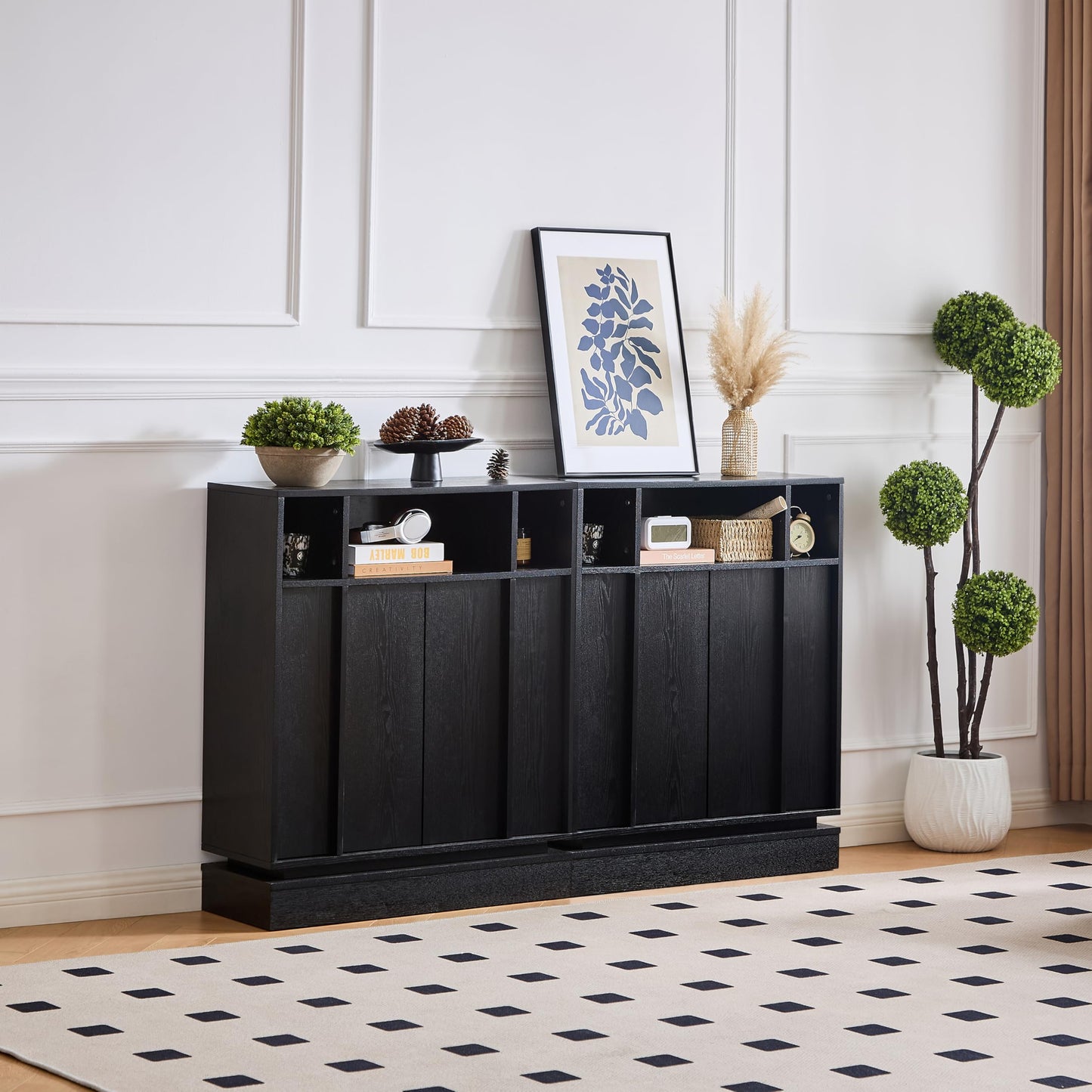LKTART 63" Rattan Sideboard Buffet Cabinet,Kitchen Storage Cabinet,Wood Coffee Bars with 4 Doors & Open Storage Shelves,Mid Century Modern Credenza Console Table for Living Room,Walnut