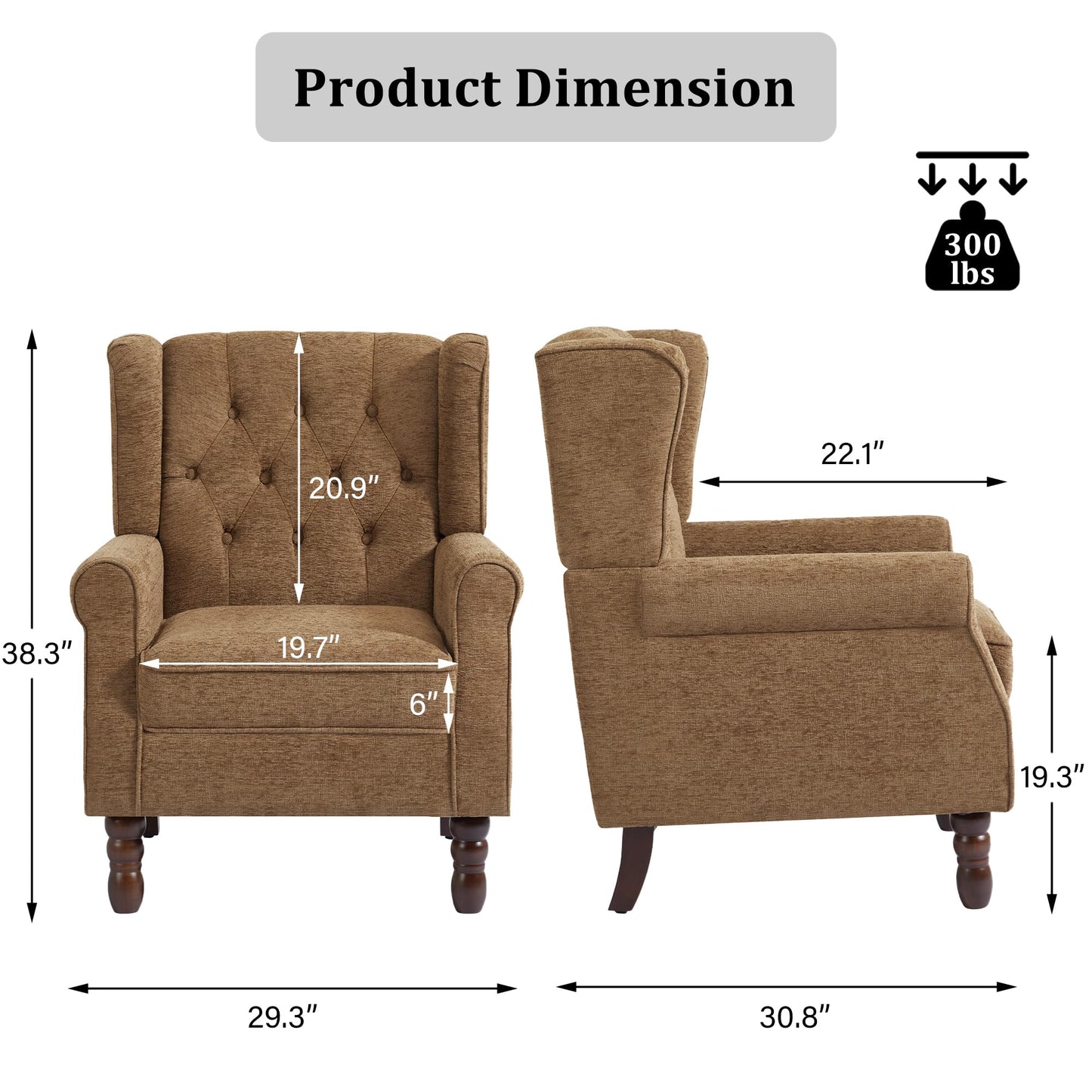 Faux Leather Wingback Chairs Set of 2, High Back Accent Chair for Living Room, Button-Tufted Upholstered Armchair with Solid Wood Legs, Comfy Reading Chair for Bedroom, Brown
