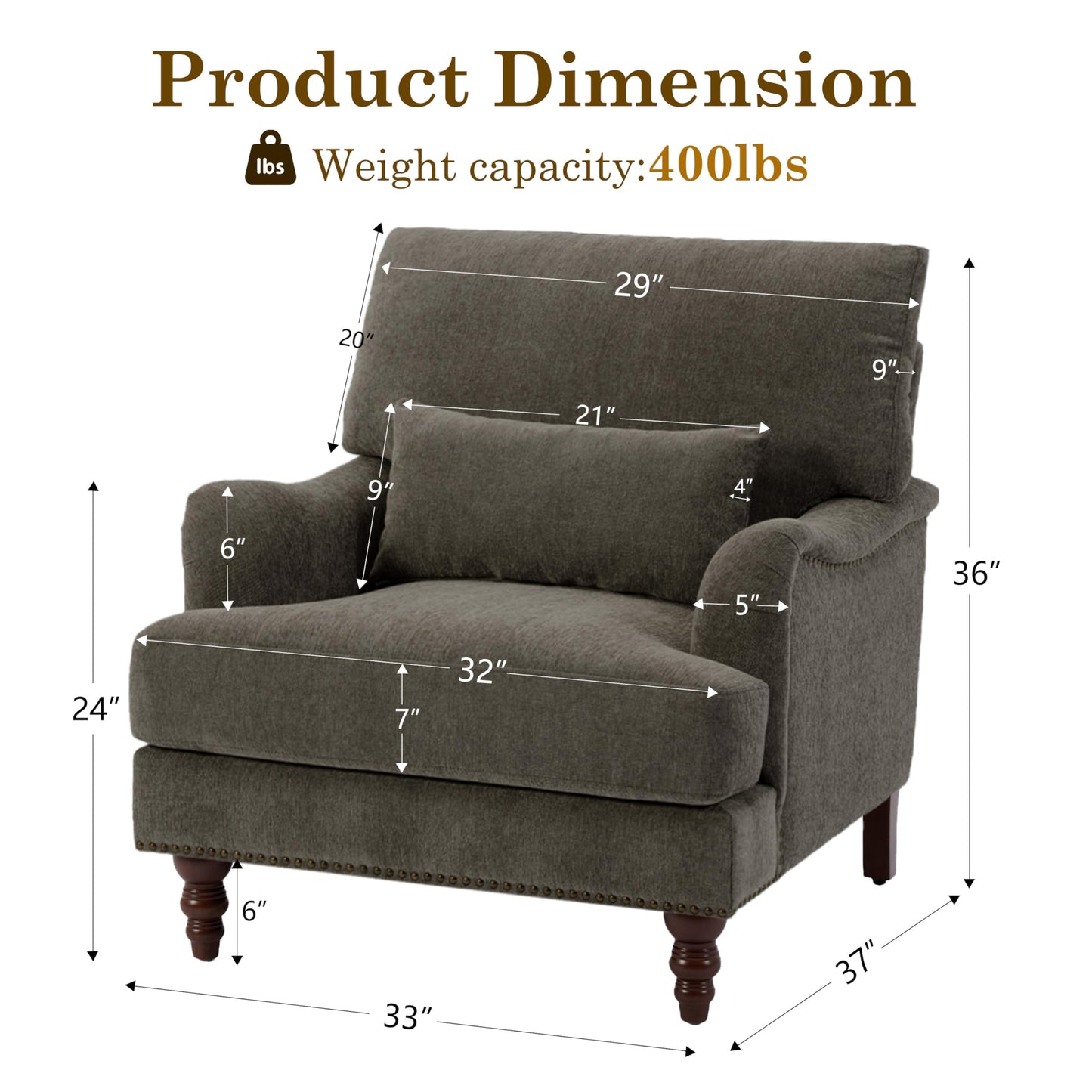 Accent Chair for Living Room, Upholstered Armchair with Nailhead Trim & Solid Wood Legs, Mid Century Modern Club Chair for Bedroom/Reading Room, Rococo Green