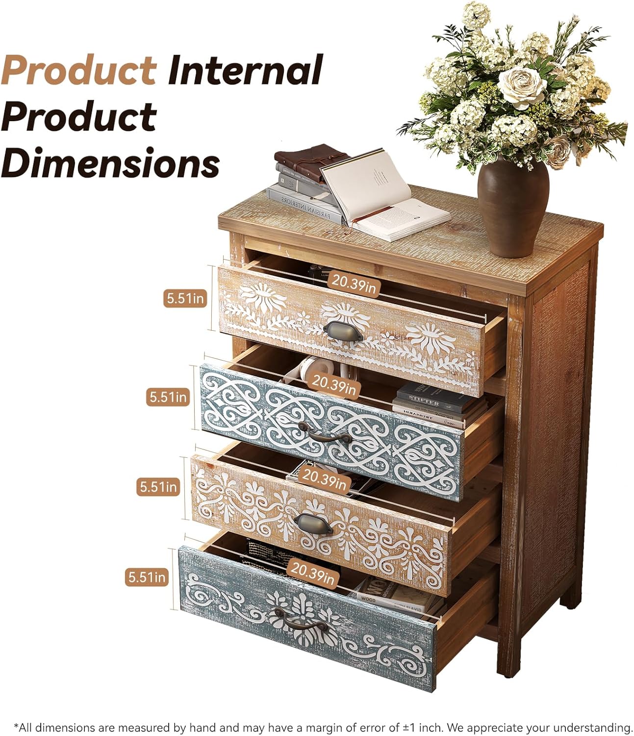 LKTART Wooden Storage Cabinet with Carved Drawers,Boho Small Buffet Sideboard with Hand Painted,Rustic Accent Credenza for Entryway,Kitchen,Living Room