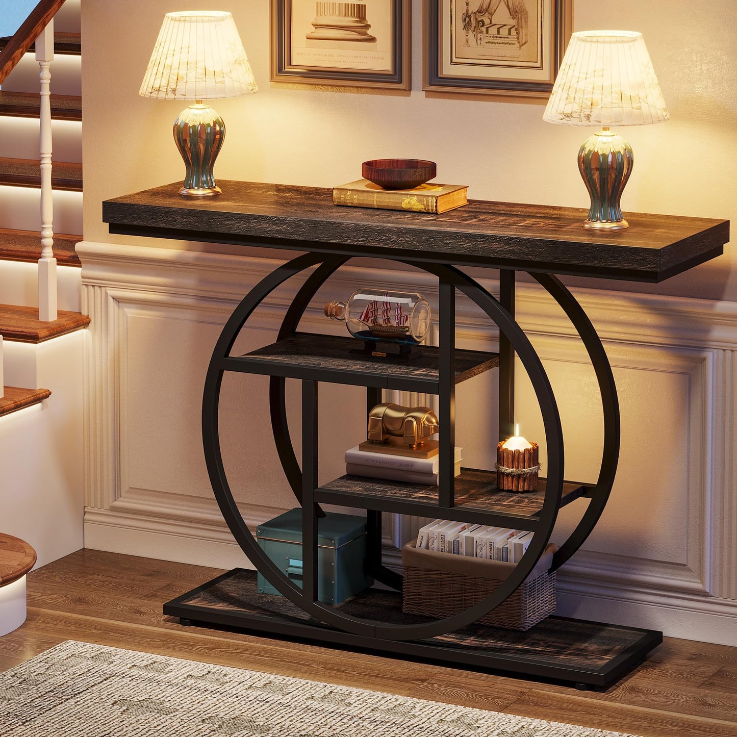 Tribesigns 41.3" Console Table, Industrial 4-Tier Sofa Table Entryway Table with Circle Base, Narrow Wood Accent Tables with Storage Shelves for Living Room, Hallway, Foyer, Rustic Brown