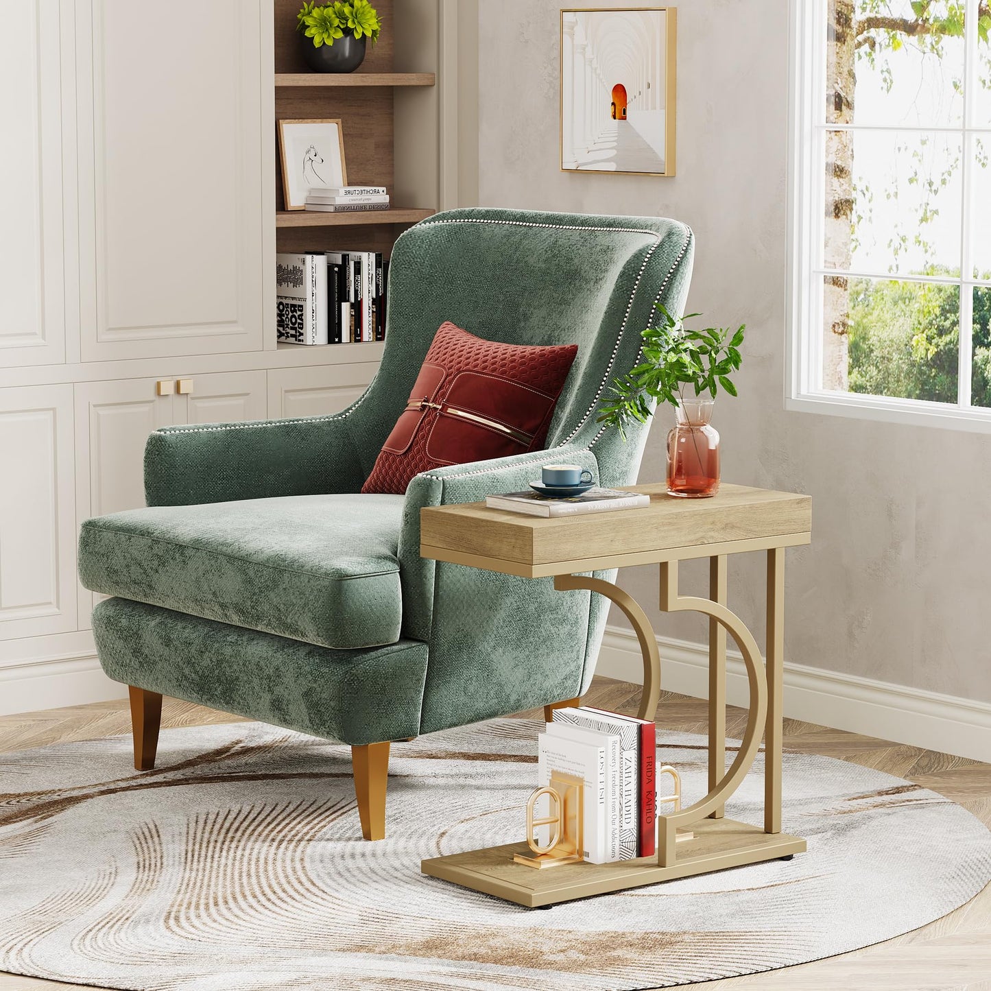 Tribesigns Narrow Side Table for Couch, C Shaped End Table with Metal Frame, Modern Bedside Tables, Small Sofa Tables for Small Spaces, Living Room (1, Brown+Black)