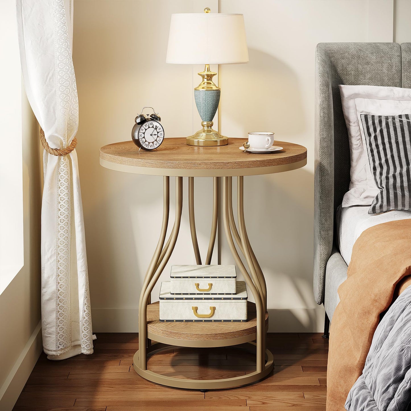 Tribesigns Round Side End Table 2-Tier End Tables Modern Bedside Table Small Chairside Tables with Storage for Couch Side, Nightstand with Metal Frame for Living Room (1, White+Gold)