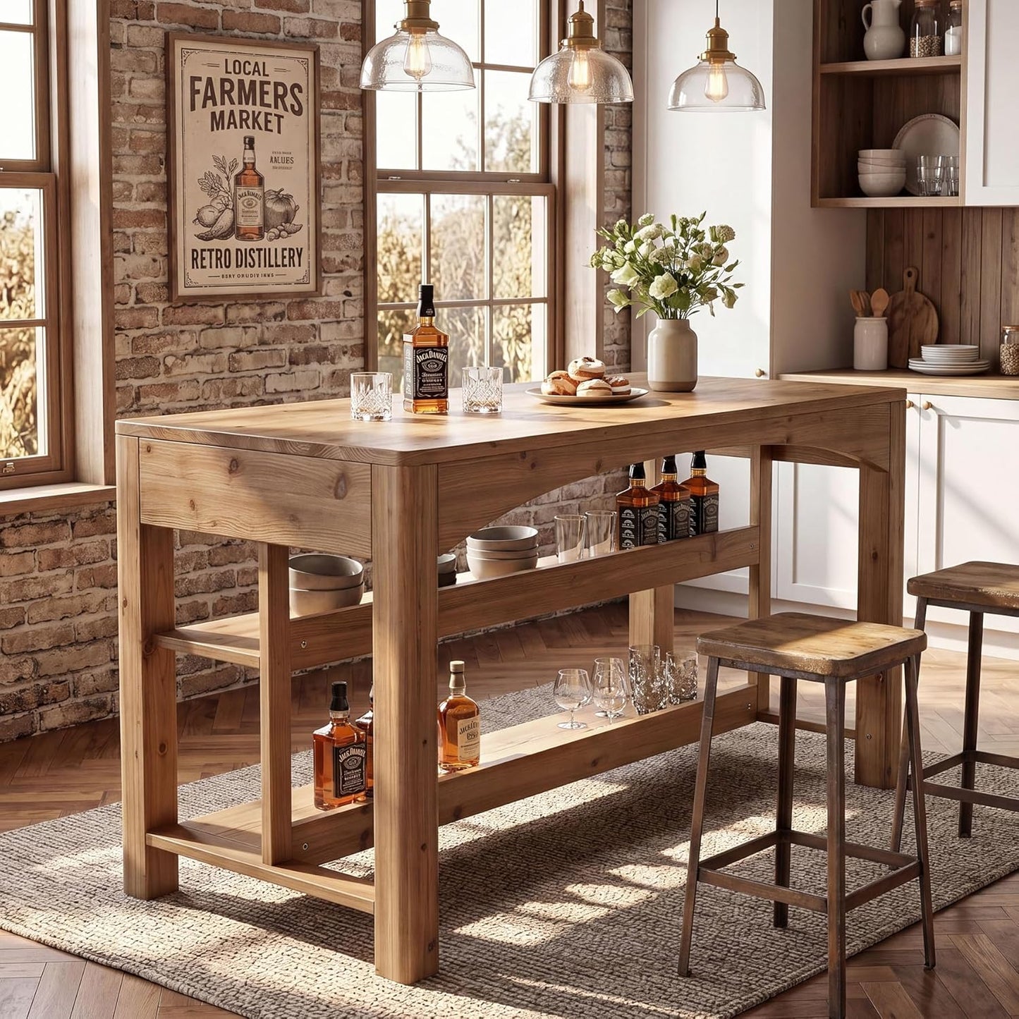 TRIBEWOOOD 59 Inches Kitchen Island with Storage, 3-Tier Solid Wood Stationary Island Table with Open Shelves, Large Prep Table for Kitchen Dining Room, Rustic Brown