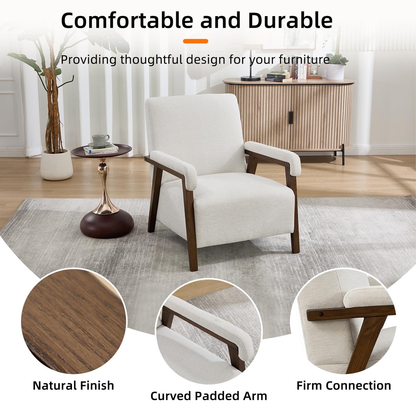 IOMOR Mid Century Modern Accent Chair, Upholstered Armchair with Thick Seat Cushion and Solid Wood Frame, Thick and Comfy Seat Cushion, Short Plush Fabric Arm Chair for Living Room(1,White)