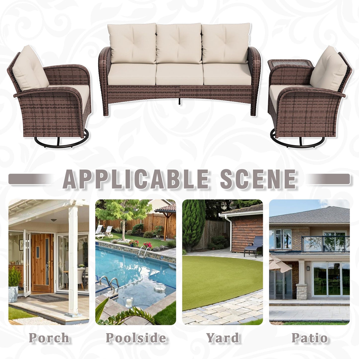 4 Piece Patio Conversation Set - 2 Swivel Chairs 1 Coffee Table 3-Seater Sofa, PE Wicker & Steel Patio Furniture with Heavy-Duty Steel Frame,Weatherproof Cushions, Red