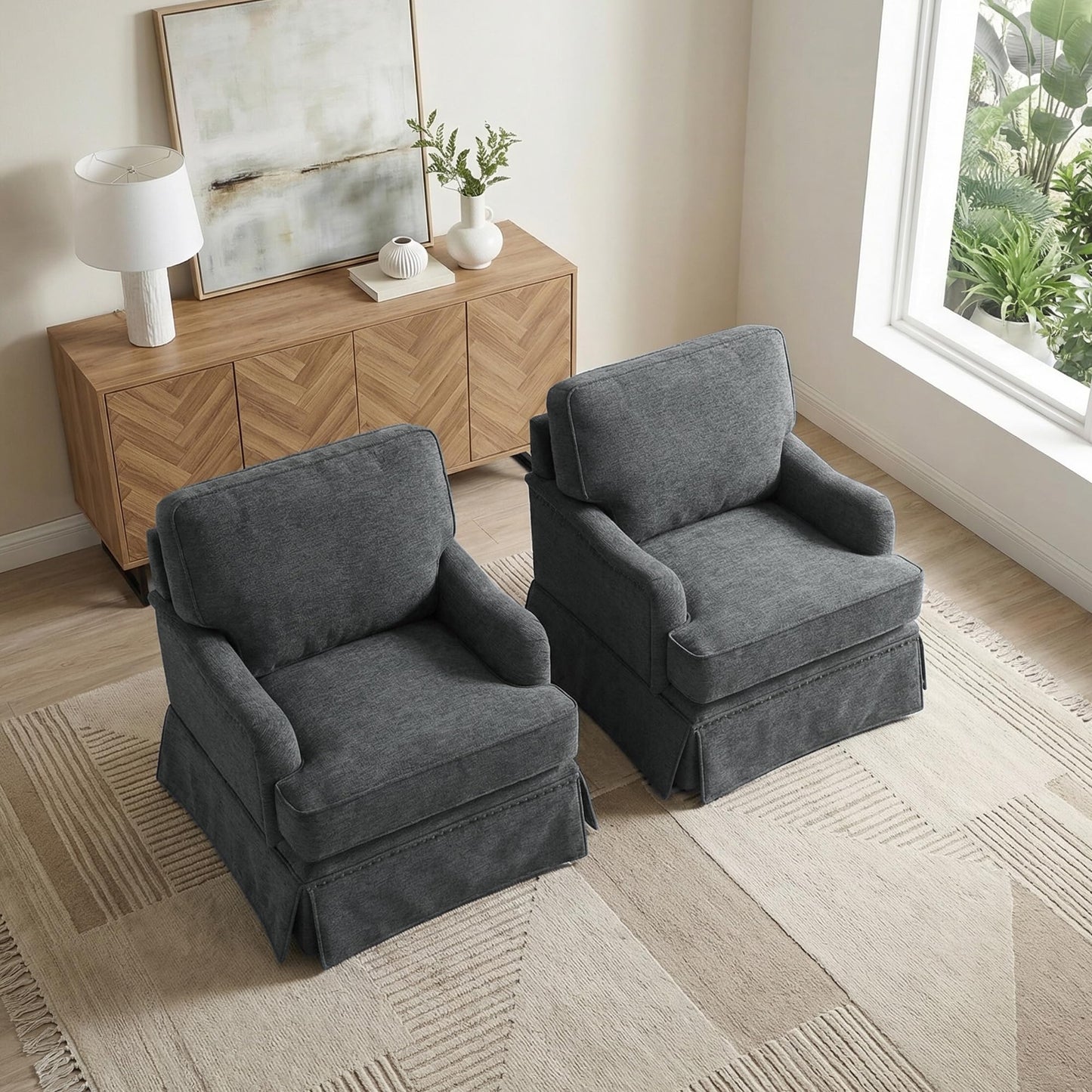 Swivel Accent Chair, 360° Swivel Upholstered Armchairs with Curved Arms, Comfy Chenille Fabric Lounge Reading Chairs for Living Room Bedroom Study, Metal Swivel Base, Tan