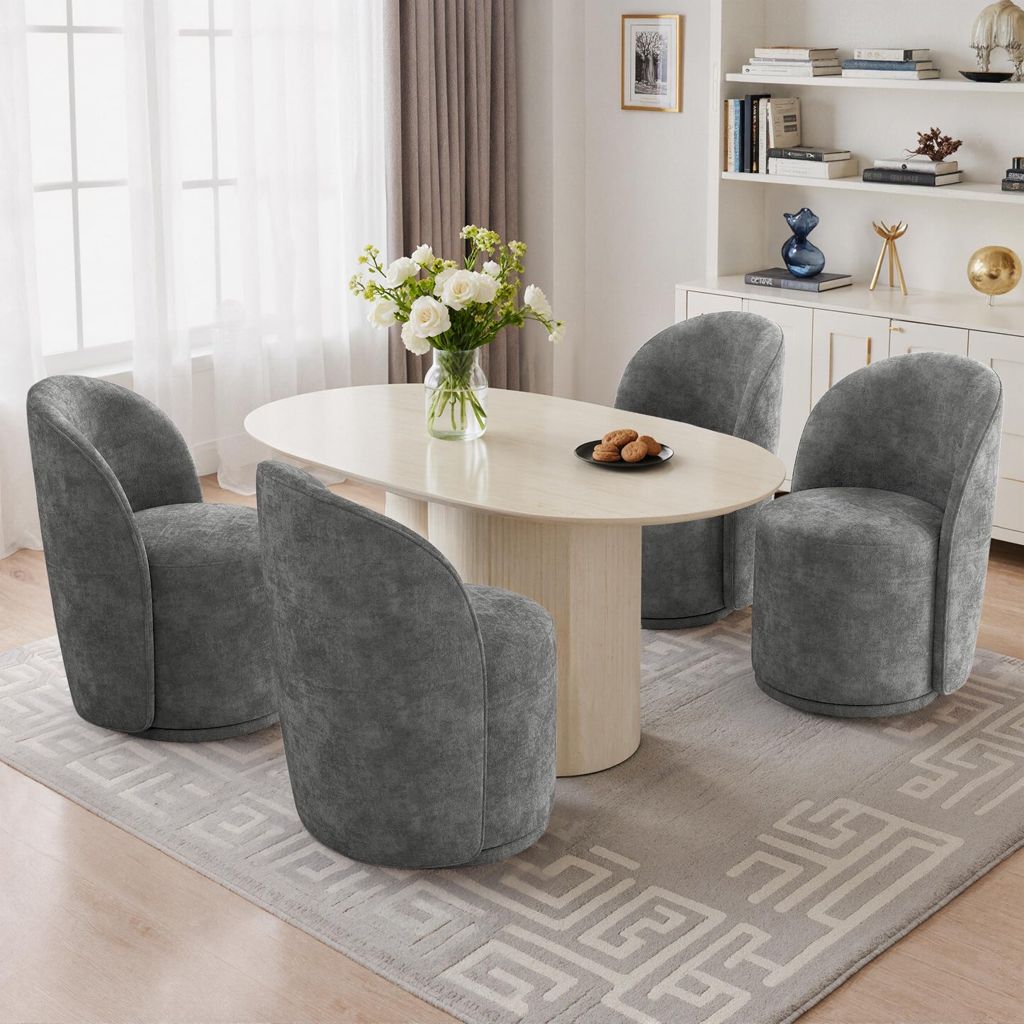 Swivel Barrel Dining Chairs Set of 2, Faux Leather Upholstered Round Dining Chairs, 360° Swivel Vanity Chair Comfy Armless Accent Makeup Chair for Dining/Living Room Makeup Room, Brown
