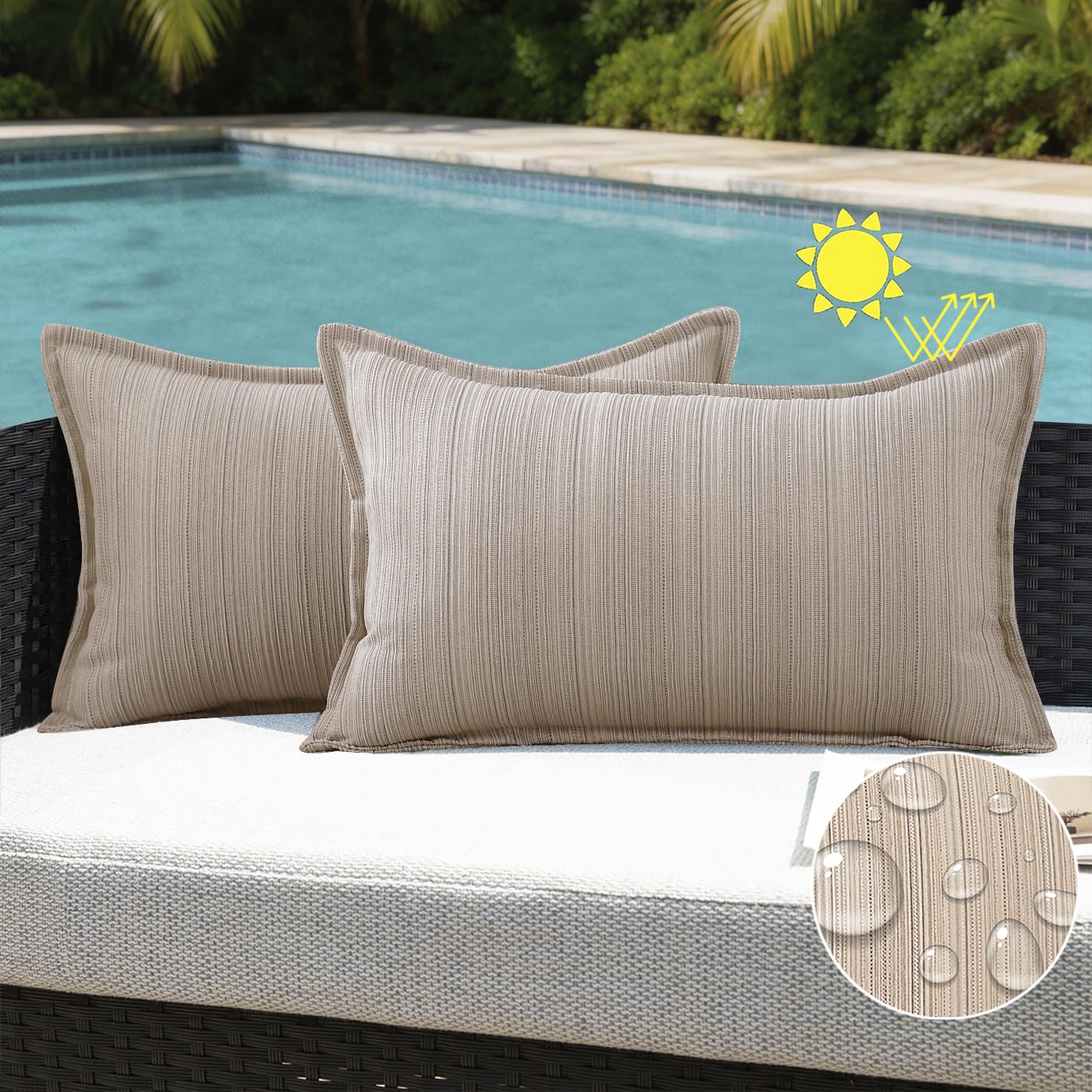 VAKADO Outdoor Waterproof Throw Pillow Covers 18x18 Set of 2,Chenille UV Decorative with Hem Patio Furniture Cushion Cases Decor for Bench Garden Tent Chair Seat Porch Couch,Stripe Beige