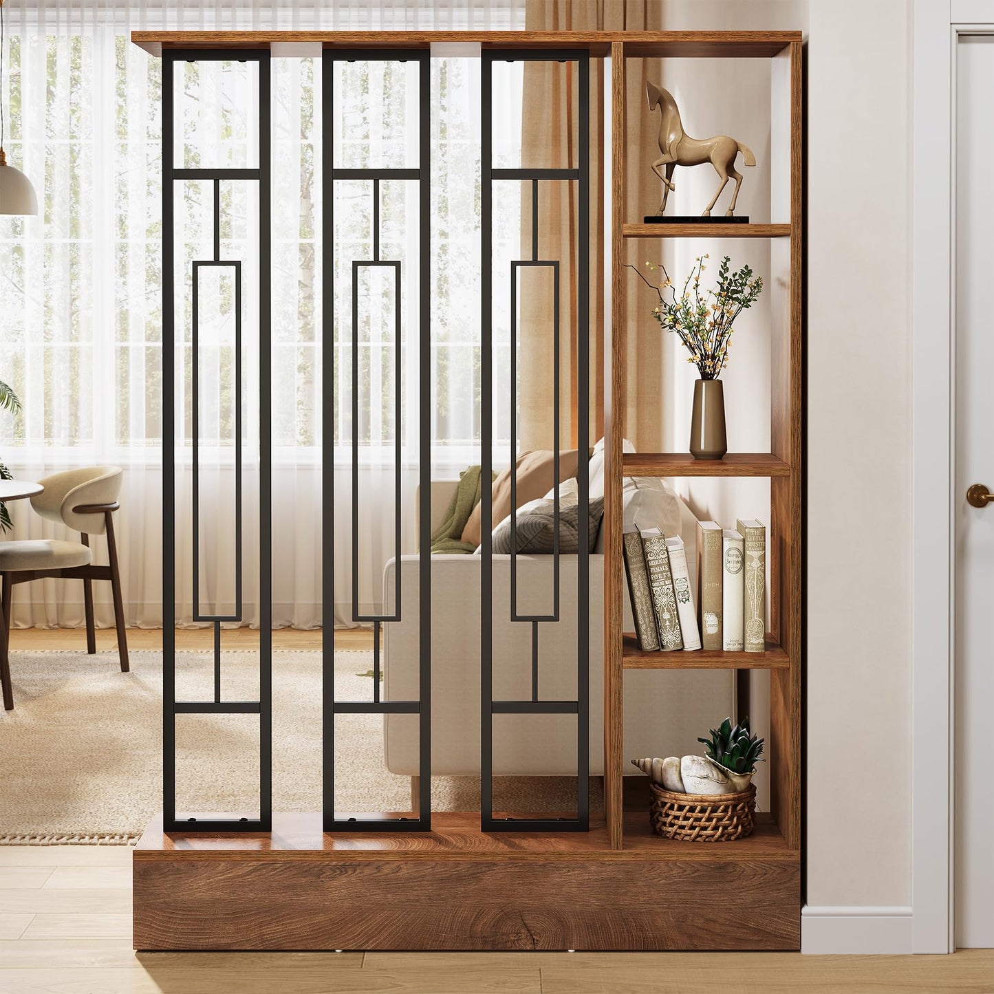 Tribesigns Wall Room Divider with Display Shelves, 70.9" Modern Freestanding Room Divider Screen with Sturdy Base, Wall Partition for Home & Office (Brown & Black, 47.2" W x 11.8" D x 70.9" H)