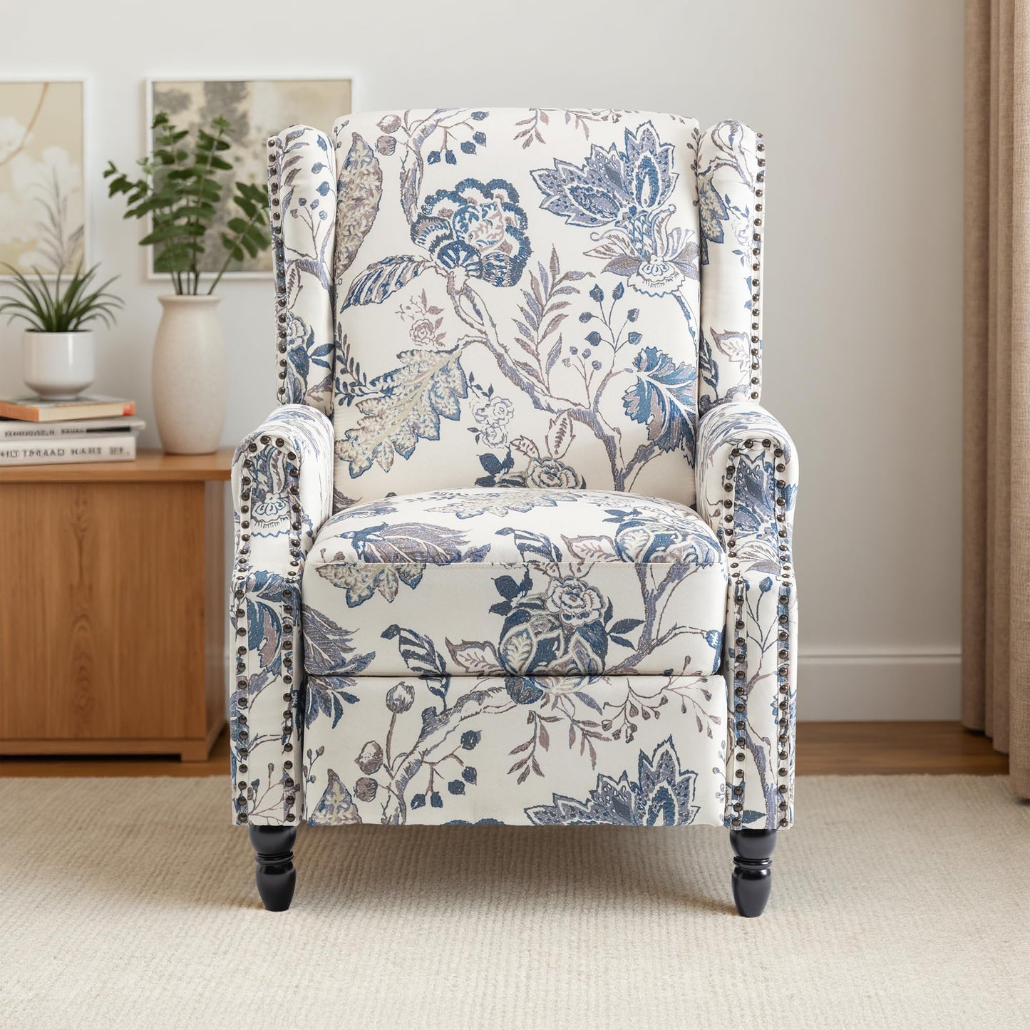 Pushback Recliner Chair, Printed Fabric Wingback Recliner Chair for Living Room, Upholstered Armchair Push Back Recliner with Wood Legs, Rivet Trim Wingback Accent Chair for Bedroom, Navy
