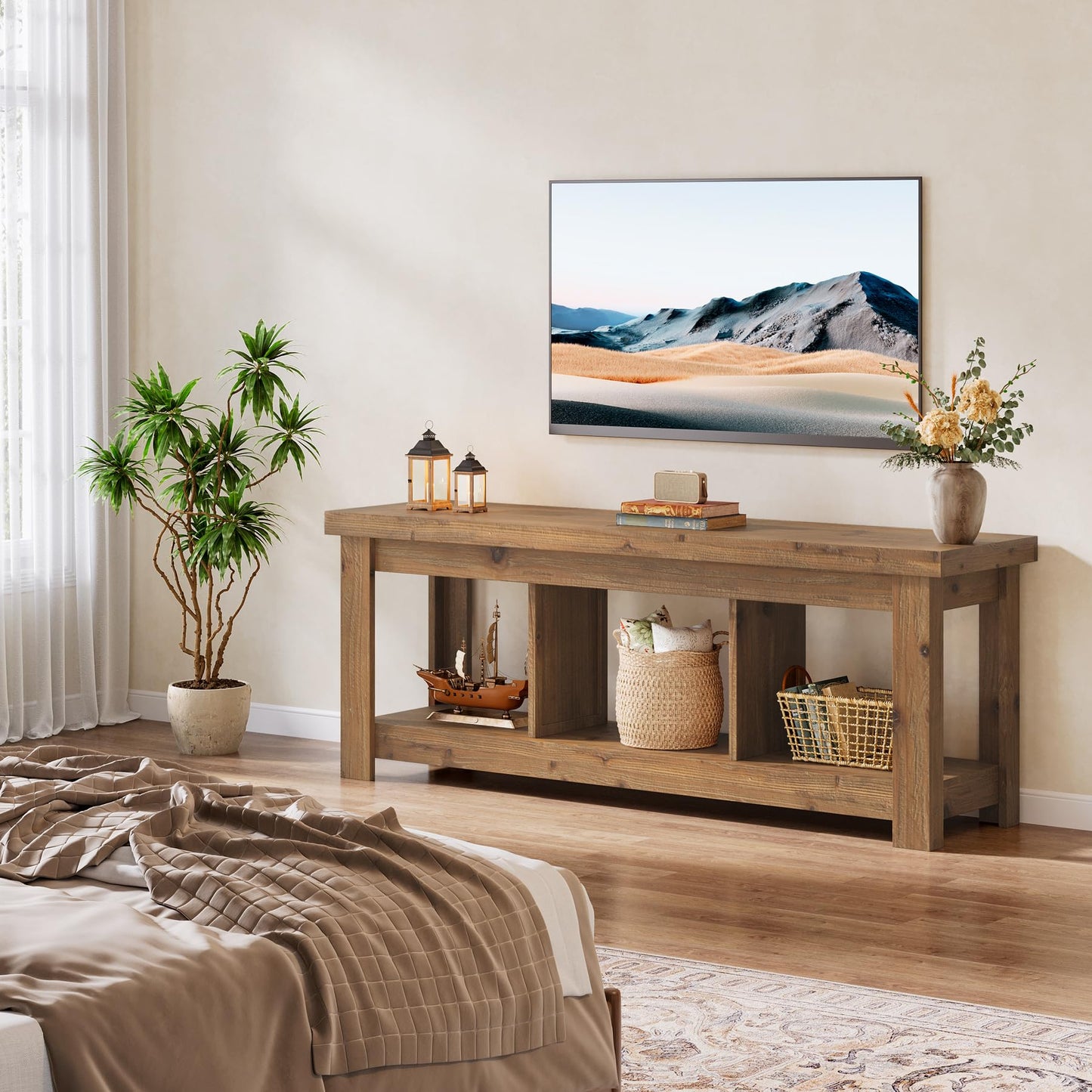 Solid Wood Console Table, 63-Inch Entryway Table with Storage, Long Wooden Sofa Table Behind Couch for Entryway, Hallway, Foyer, Living Room, Natural Wood