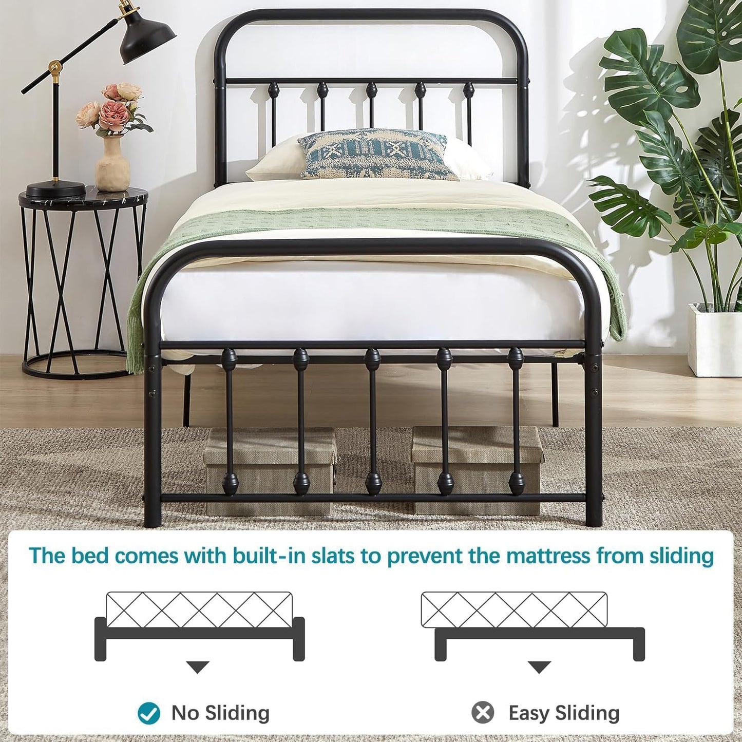 VECELO King Size Victorian Style Metal Bed Frame with Headboard/Mattress Foundation/No Box Spring Needed/Under Bed Storage and Strong Slat Support Purple Bronze