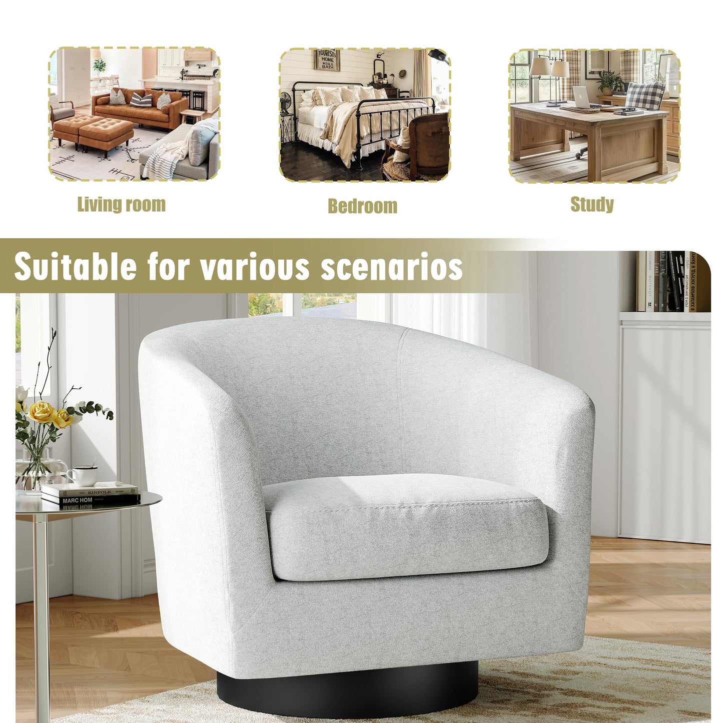 Swivel Barrel Accent Chairs Set of 2, Modern 360° Swivel Round Barrel Chair with Curve Back, Upholstered Velvet Fabric Armchair Single Sofa Club Chair for Living Room, Bedroom, Coffee