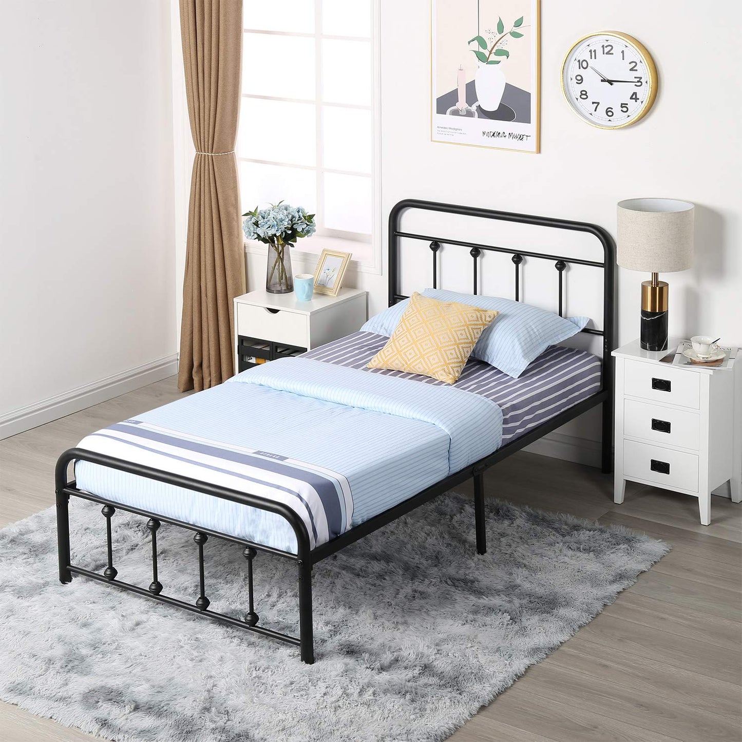 VECELO King Size Victorian Style Metal Bed Frame with Headboard/Mattress Foundation/No Box Spring Needed/Under Bed Storage and Strong Slat Support Purple Bronze