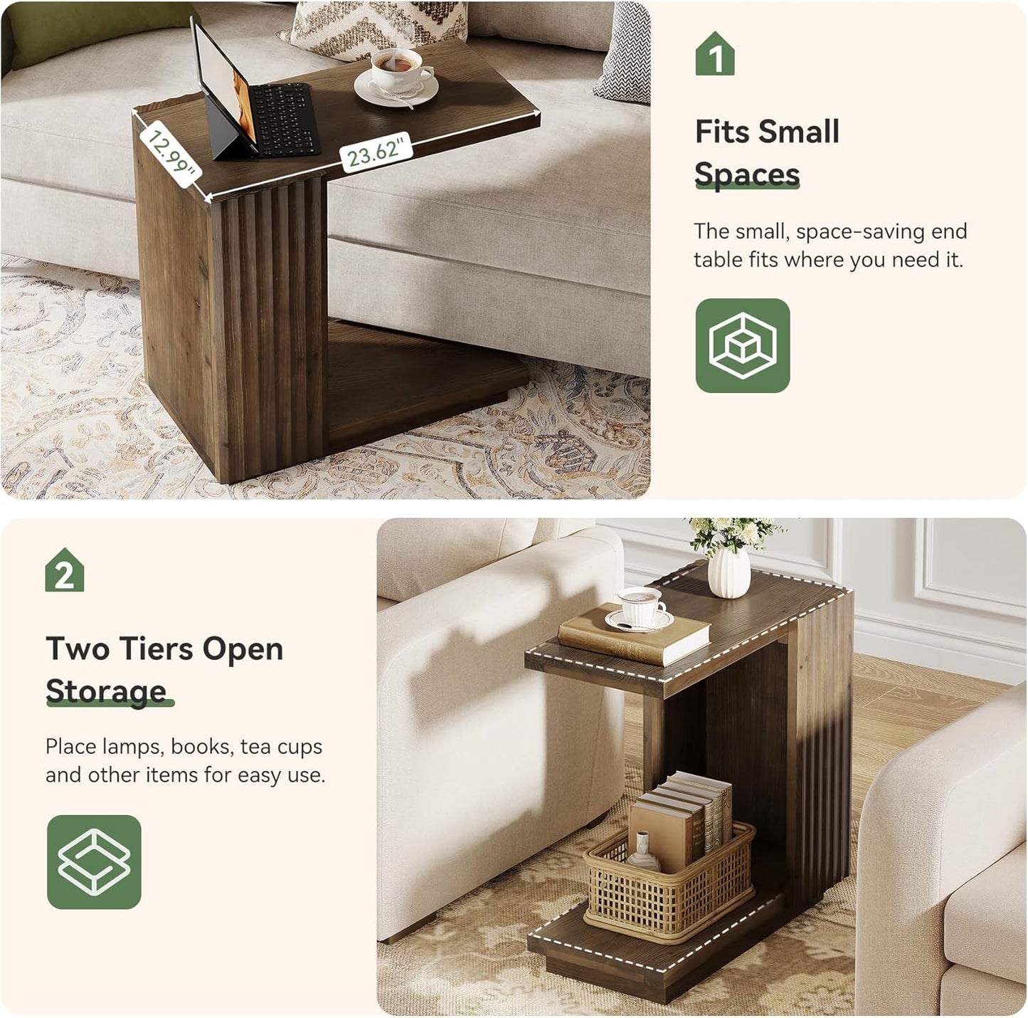 Solid Wood Side Table, C Shaped Narrow Sofa End Table with Fluted Panels and Storage Shelf, Space-Saving Small Nightstand for Small Spaces, Living Room, Bedroom, Vintage Brown