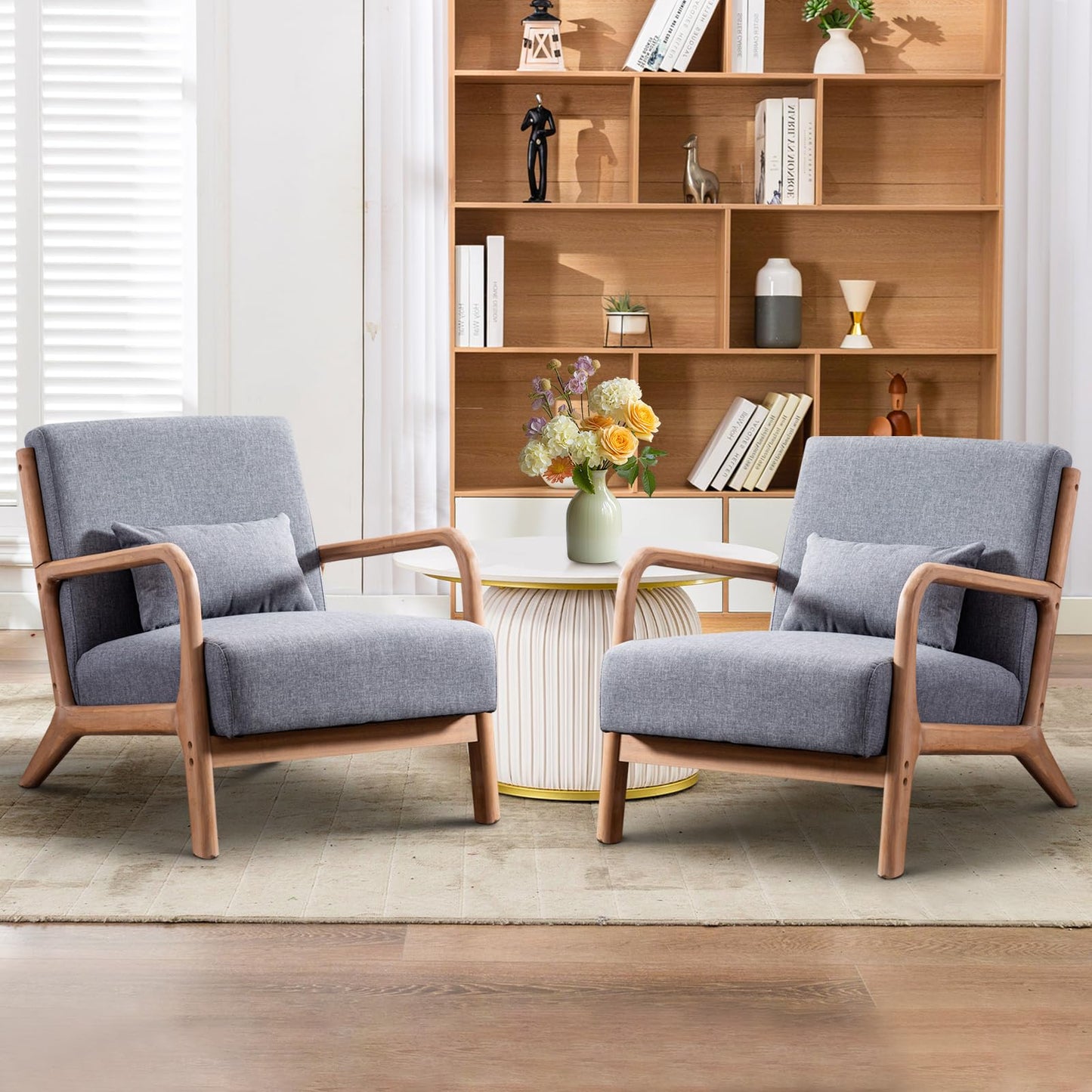 IOMOR Accent Chair Mid Century Modern Chair Linen Fabric Living Room Chairs with Solid Wood Frame Comfy Upholstered and Lumbar Pillow Reading Side Chair Easy Assembly for Bedroom Room (1, Linen Green)