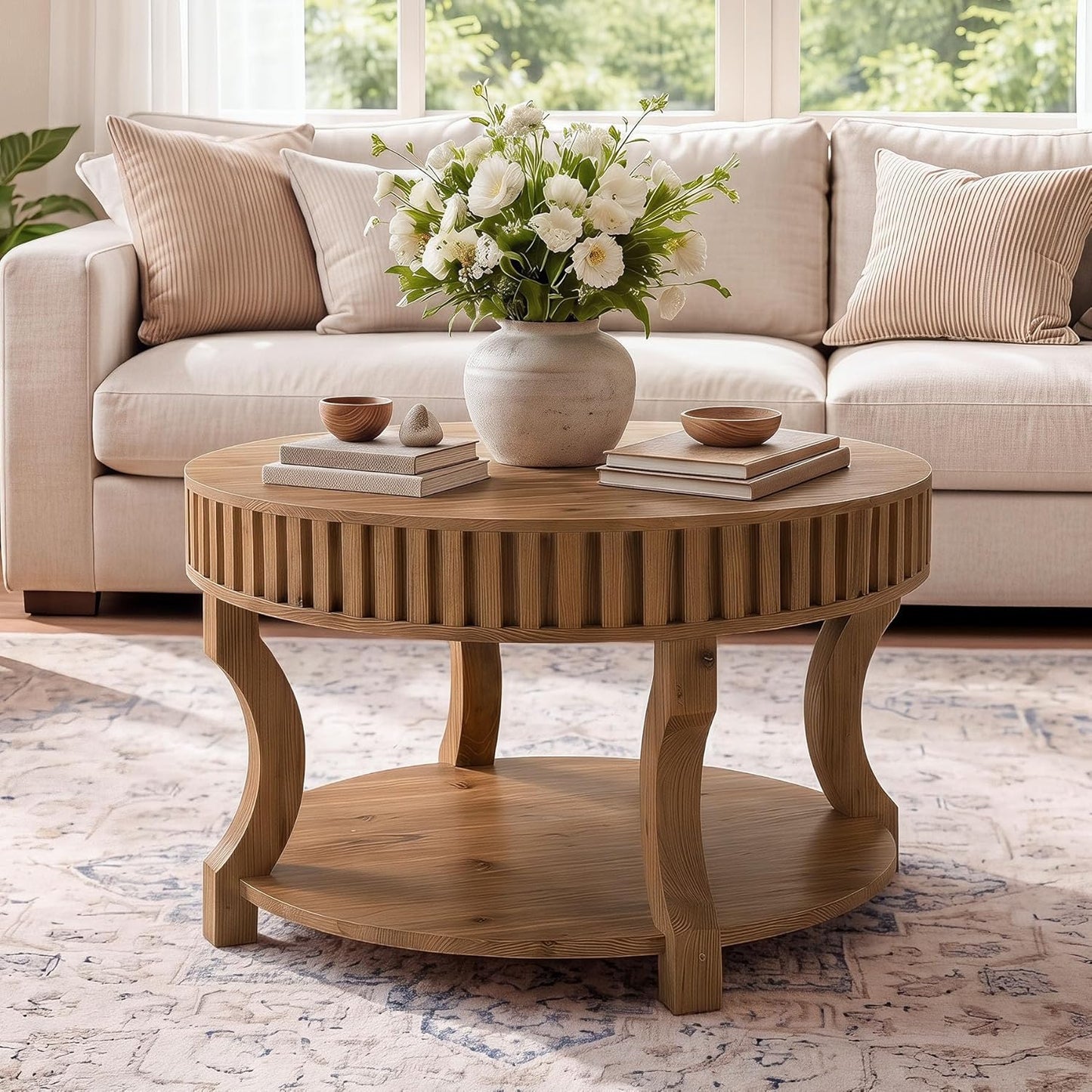 31.5 Inch Round Coffee Table, Farmhouse 2-Tier Center Table with Storage, Fluted Solid Wood Cocktail Table for Living Room (Brown)