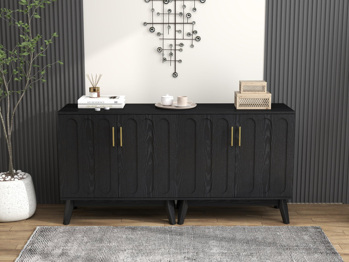 LKTART Mid Century Modern Storage Cabinet with Rattan Sliding Doors and Open Shelves, Boho Style Wooden Sideboard Buffet for Living Room,Dark Walnut