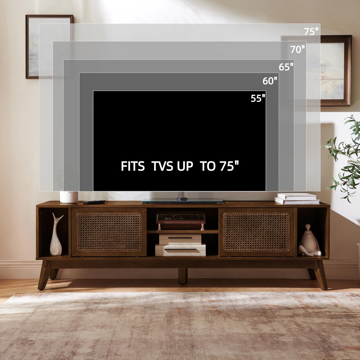 LKTART Mid Century Modern Rattan TV Stand for 65 Inch TV,59" Boho Media Console with Sliding Doors & Open Shelves,Solid Wood Legs for Living Room,Light Walnut