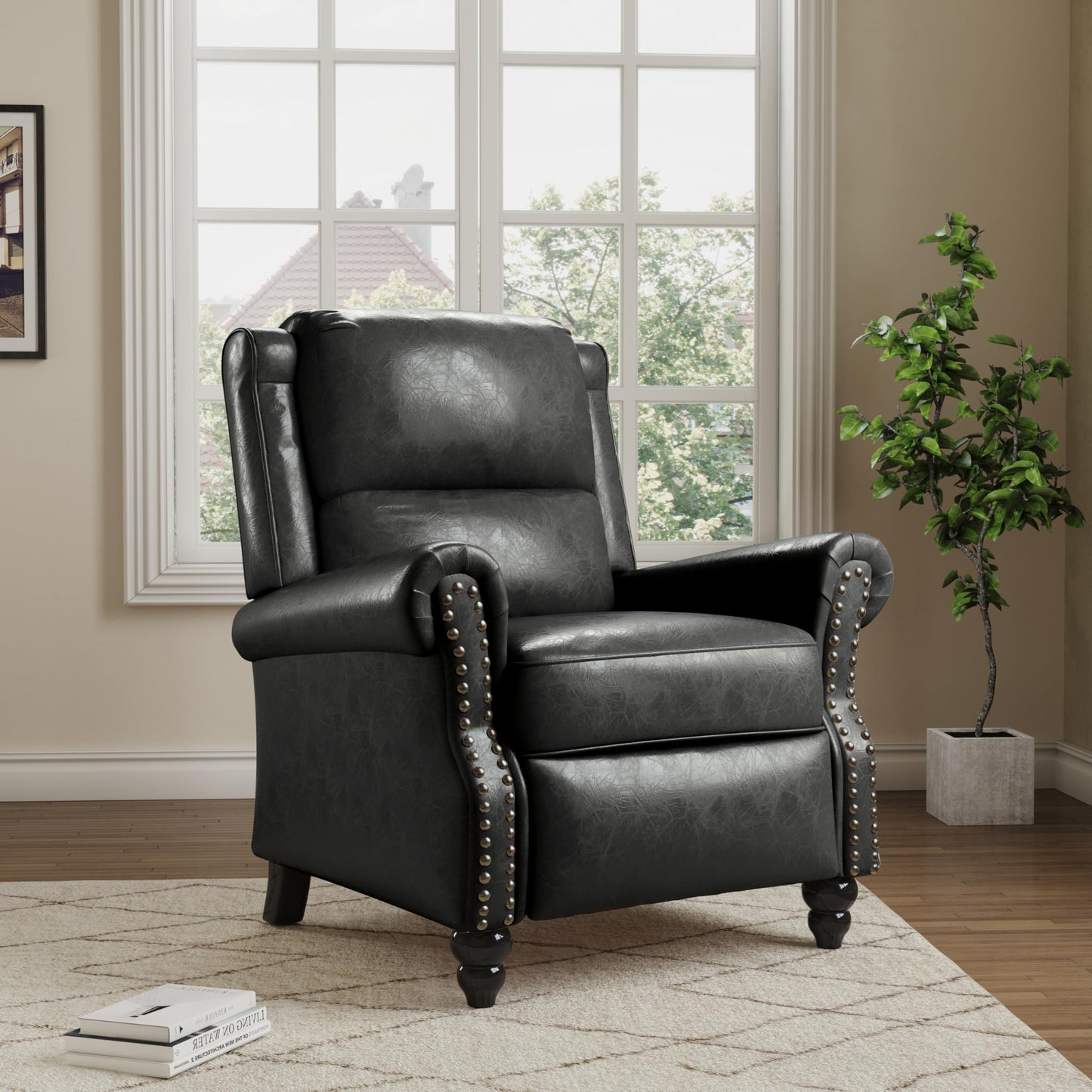 Pushback Recliner Chairs Set of 2, Comfy Fabric Wingback Recliner Chair, Upholstered Armchair Push Back Recliner with Wood Legs, Rivet Trim Accent Chair for Living Room, Bedroom, Blue Stripe