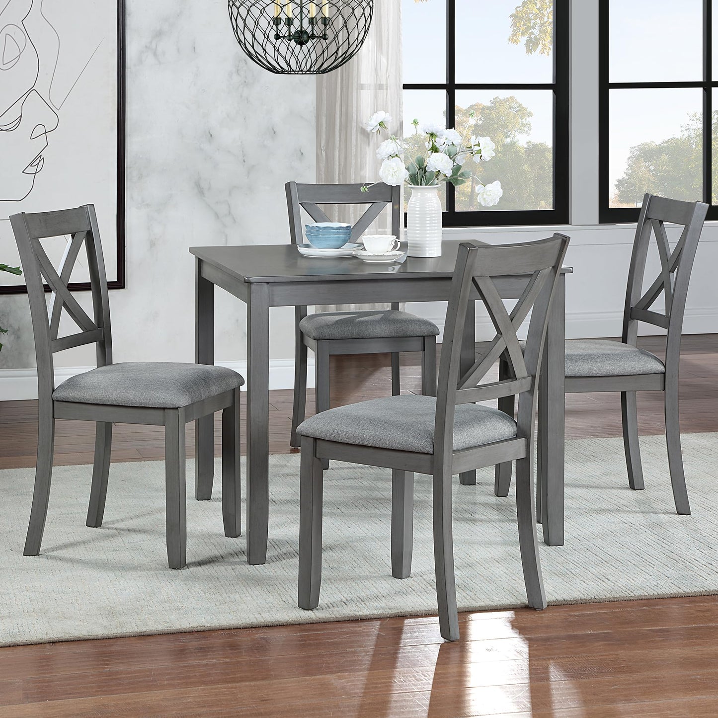 LKTART 5-Piece Kitchen & Dining Room Table and Chairs Sets,Small Square Kitchen Table with 4 Upholstered XX-Shaped Backrest Chairs,Walnut