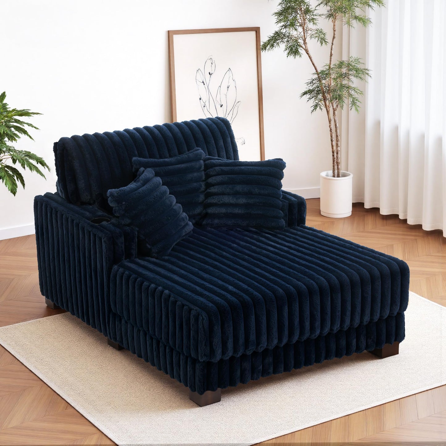 59" Chaise Lounge Chair Indoor, Upholstered Oversized Sleeper Sofa Bed Reading Chairs with 3 Soft Pillows & 2 Cup Holders, Comfy Cloud Deep Seat Sofa for Living Room Bedroom, Set of 2, Navy