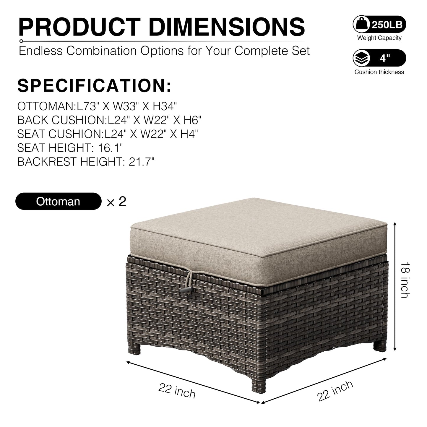 Joyside Outdoor Ottoman Set of 2, Patio Large Ottoman Foot Rest with Thickened Cushions, Outdoor Wicker Foot Stool for Porch, Deck Use
