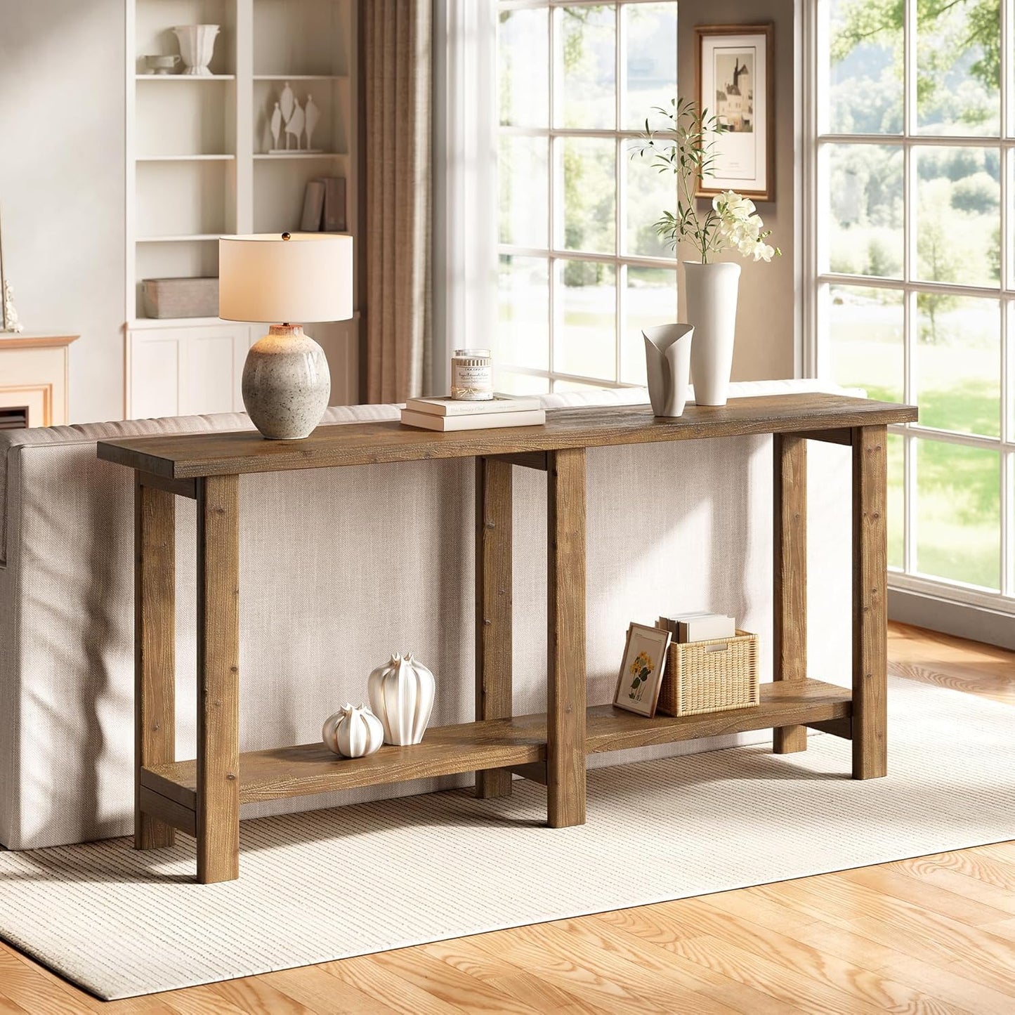 Solid Wood Console Table, 70.9-Inch Long Wooden Sofa Table Behind Couch for Entryway, Hallway, Foyer, Living Room, Natural Brown