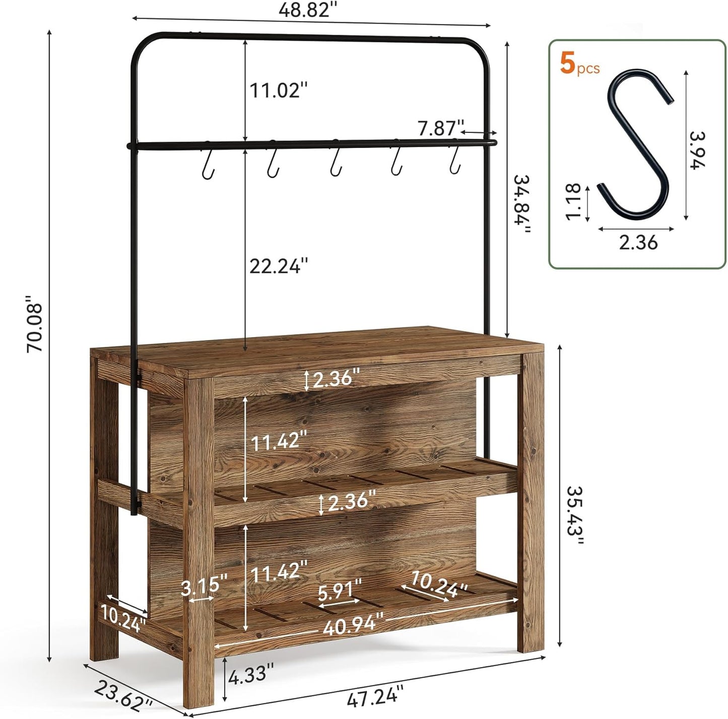 47-Inch Solid Wood Bar Table, 3-Tier Industrial Home Bar Unit with Storage Shelves, Counter Height Pub Bar Dining Table for Kitchen, Dining Room, Living Room, 5 Hooks, Rustic Brown