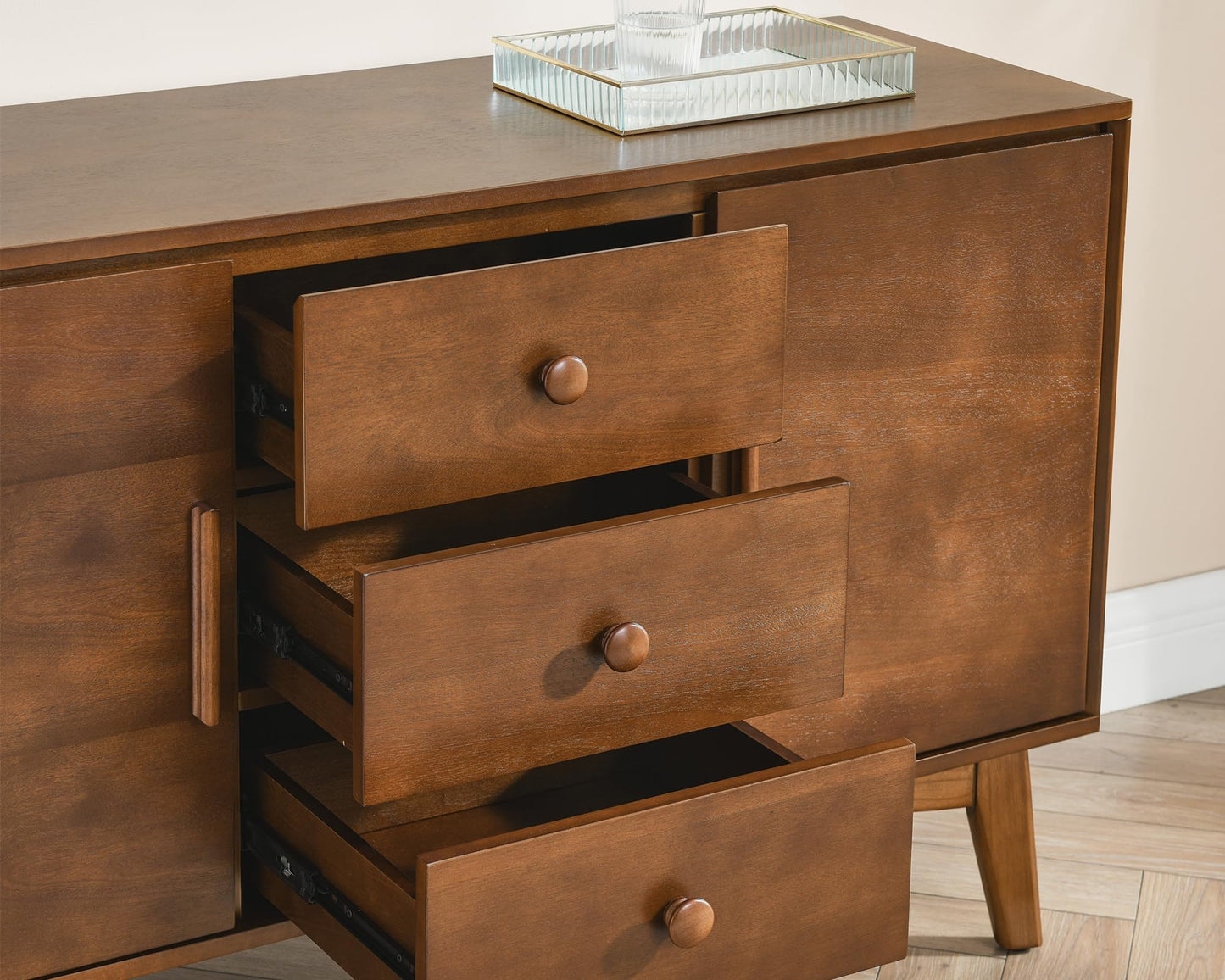 LKTART 60" Mid Century Modern Sideboard Buffet with Hollow Carved Doors and Outlet Holes,Vintage Accent Cabinet Credenzas Storage Cabinet Walnut