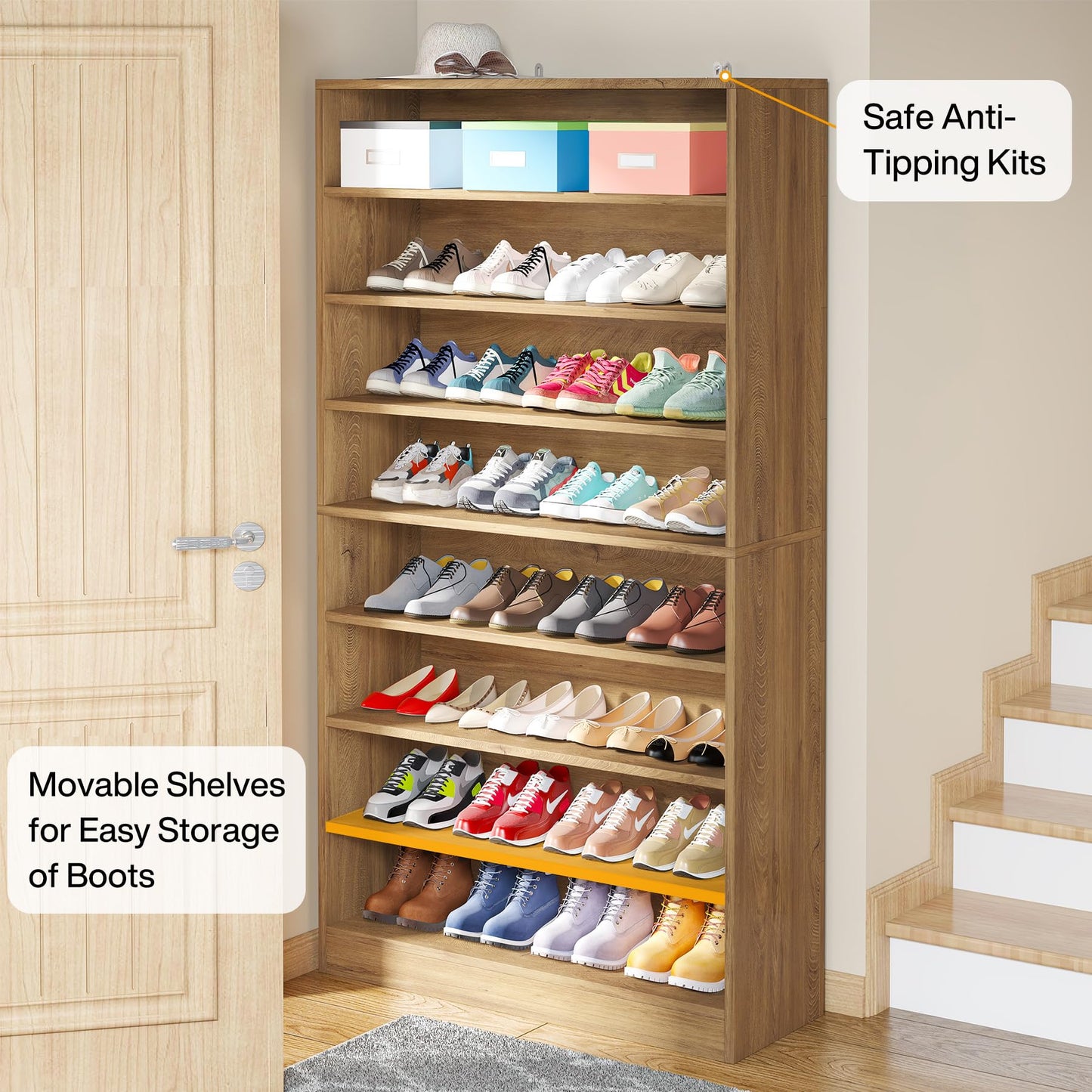Tribesigns Shoe Cabinet, 9 Tiers 40-45 Pairs Heavy Duty Wood Freestanding Shoe Storage Cabinet, 70.8'' Tall Shoe Cabinet with Open Storage for Entryway, White