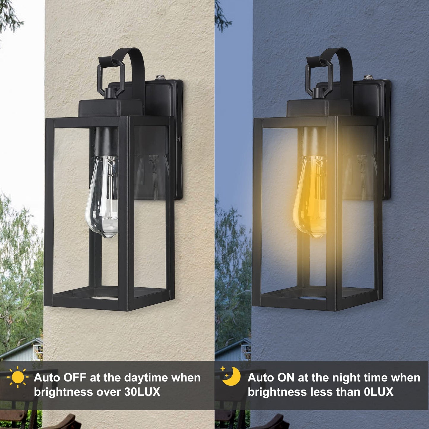 18 Inch Dusk to Dawn Outdoor Wall Light Fixtures, Large Exterior Waterproof Light Fixtures, Black Modern Porch Lights with E26 Sockets & Glass Shades, Wall Sconces for Patio, Garage, Front Door