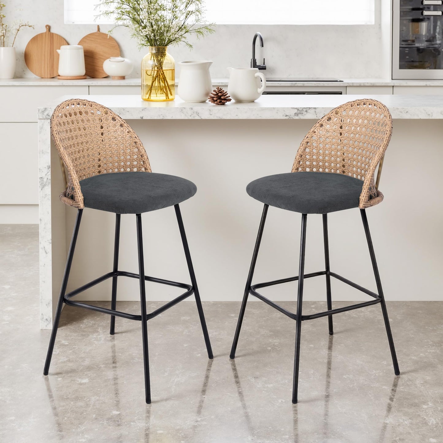 28.7" Swivel Bar Stools Set of 2, Mid Century Modern Counter Height Barstools with Rattan Backrest, Upholstered Chenille Armless Bar Chair Island Stools for Kitchen Island, Bar, Beige