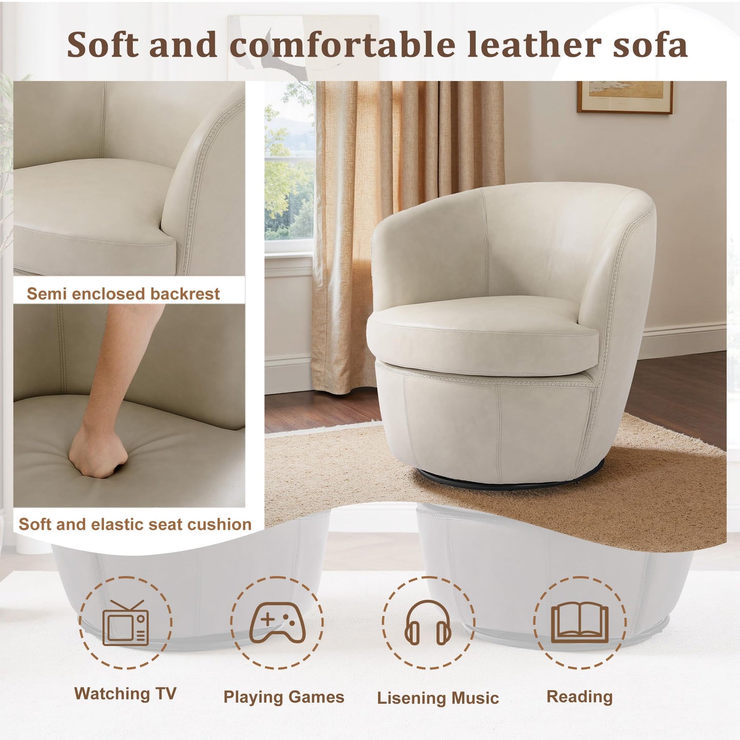 360° Swivel Barrel Accent Chair, Faux Leather Round Swivel Chair for Living Room, Comfy Upholstered Armchair Single Sofa Club Chair for Bedroom Reading Room, No Assembly Required - Light Brown