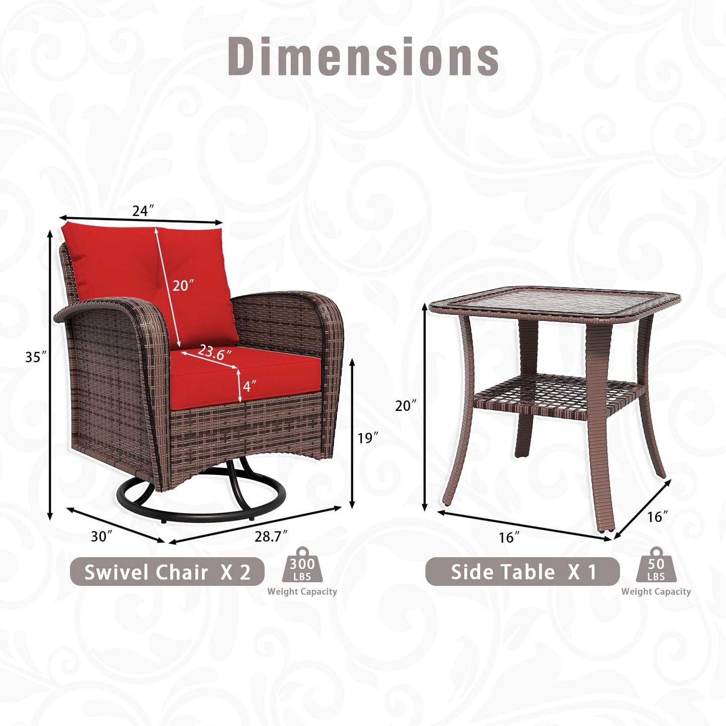 4 Piece Patio Conversation Set - 2 Swivel Chairs 1 Coffee Table 3-Seater Sofa, PE Wicker & Steel Patio Furniture with Heavy-Duty Steel Frame,Weatherproof Cushions, Red