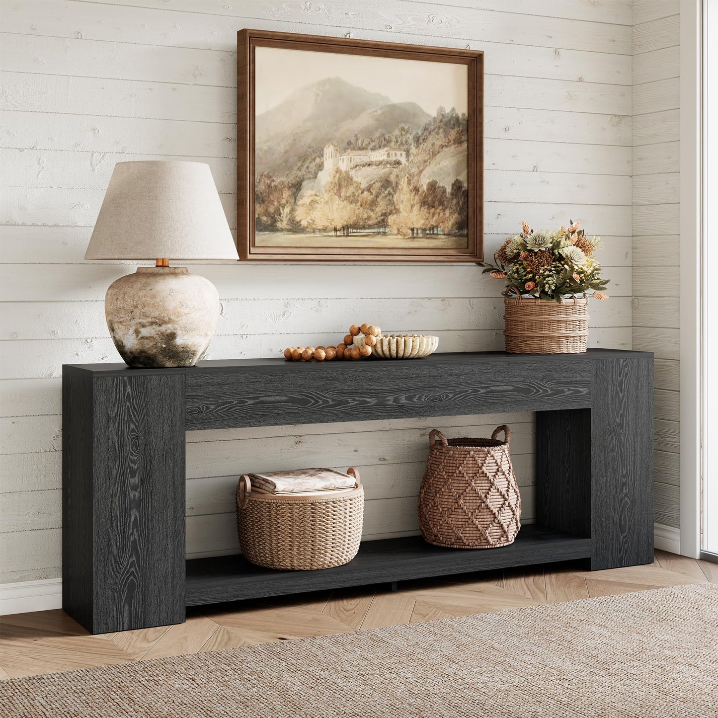 Epecoya 86-Inch Extra Long Console Table for Entryway, Farmhouse Sofa Table Behind Couch Wooden, 2-Tier Entry Console Tables with Storage for Entrance, Living Room, Natural Oak Brown