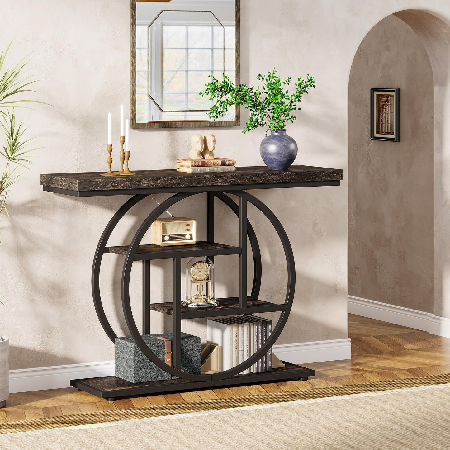 Tribesigns 41.3" Console Table, Industrial 4-Tier Sofa Table Entryway Table with Circle Base, Narrow Wood Accent Tables with Storage Shelves for Living Room, Hallway, Foyer, Rustic Brown