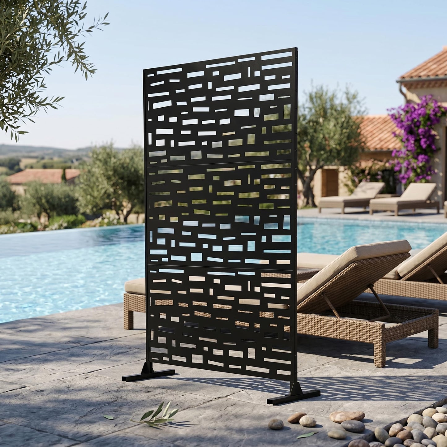 Outdoor Metal Privacy Screen with Stand, 72" H x 47" W Freestanding Outdoor Patio Divider, Decorative Patio Privacy Fence Panel for Garden Backyard Balcony Porch (Brown-Crossbanding)