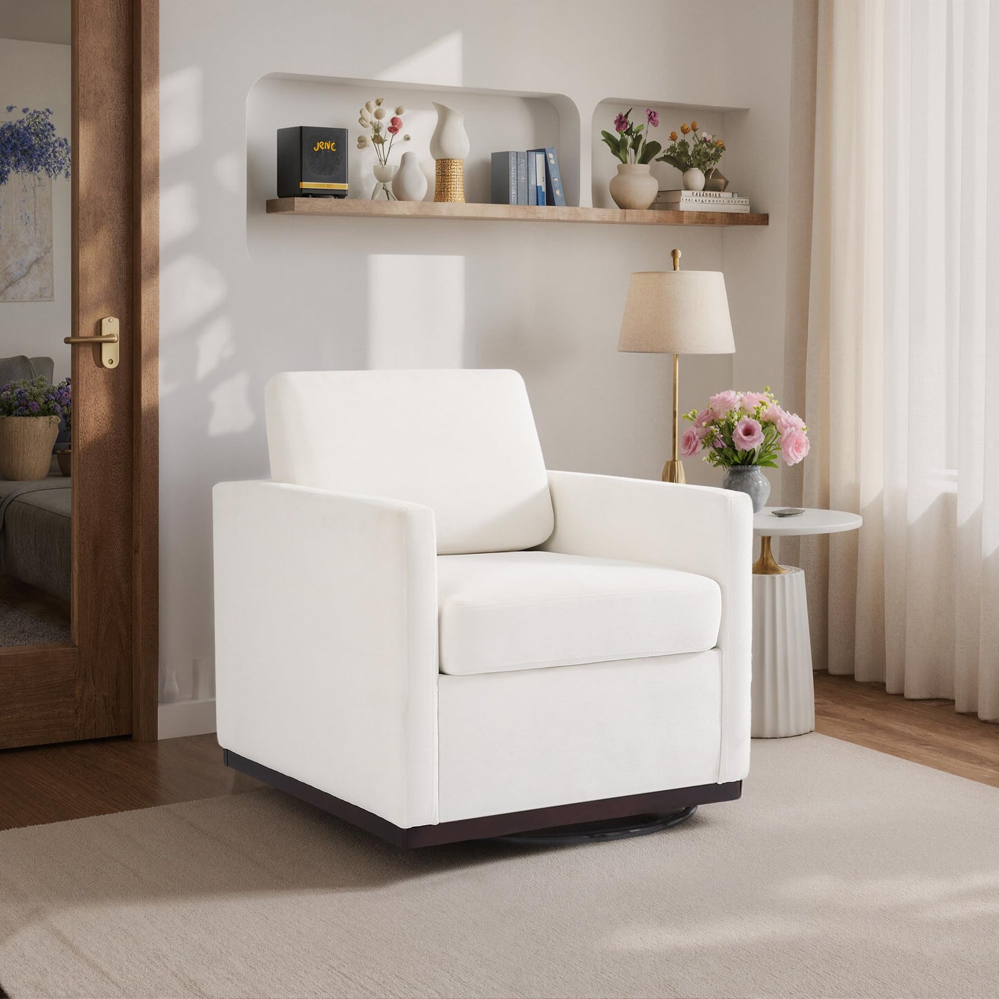Swivel Accent Chairs Set of 2, 360° Swivel Upholstered Faux Leather Club Armchairs for Living Room, Comfy Single Sofa Reading Chair with Deep Seat, Metal Swivel Base, Coffee