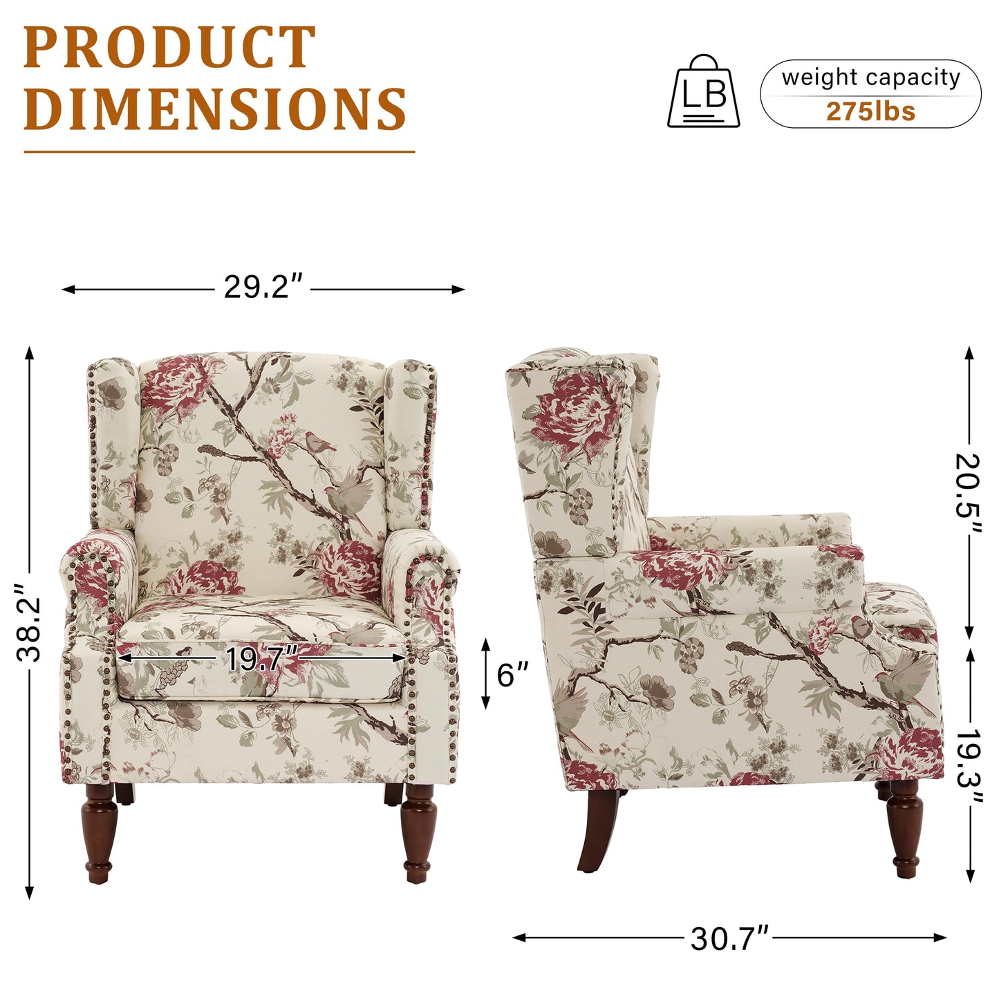 Floral Wingback Accent Chair, High Back Upholstered Armchair, Comfy Fabric Wingback Arms Chairs with Solid Wood Legs, Single Sofa Reading Chair for Bedroom Living Room, Beige