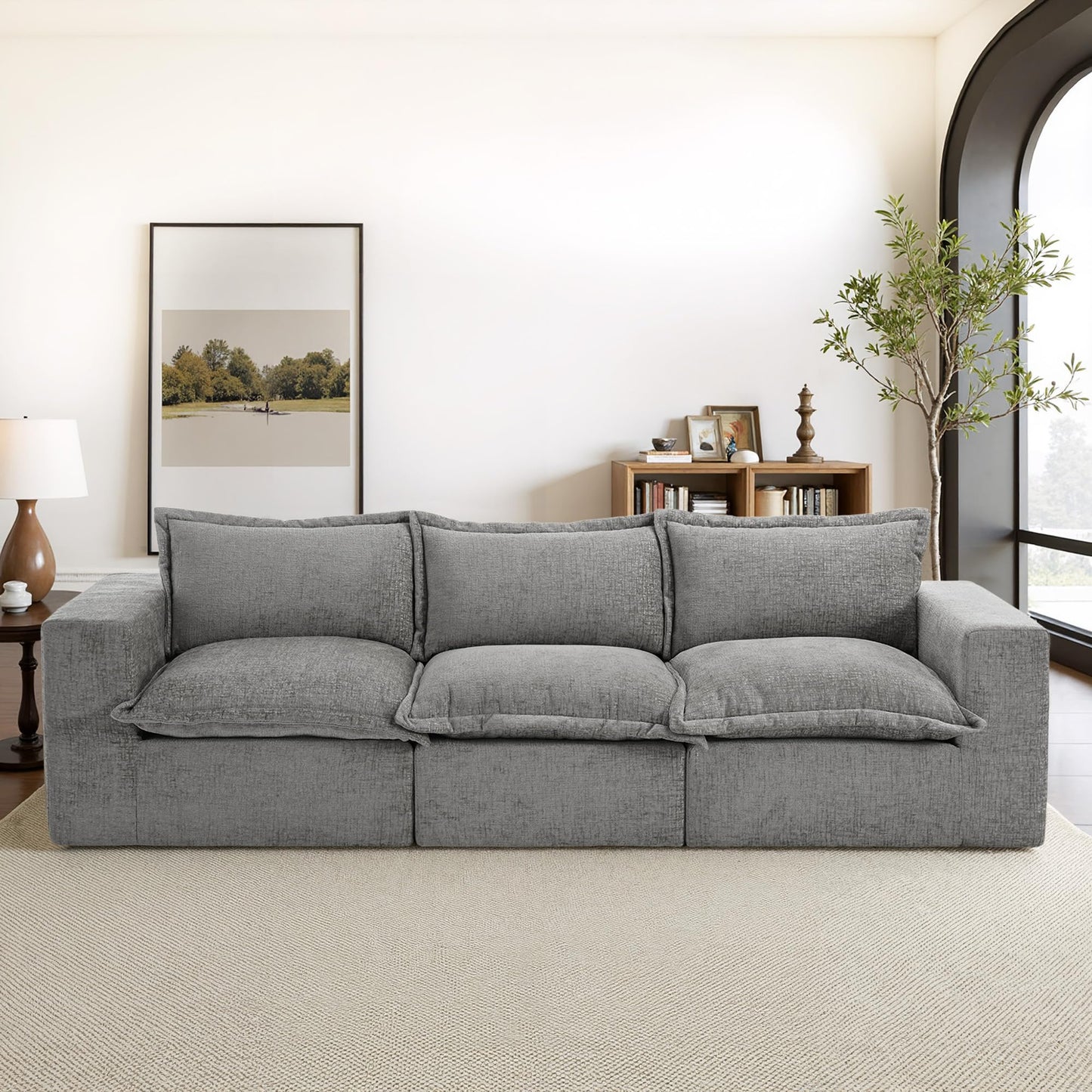 116" Modular Sectional Sofa, Comfy L Shaped Modular Coush Sofa with Ottoman, 3-Seat Chenille Cloud Couches Deep Seat Sofa for Living Room, Apartment, Small Spaces, Beige