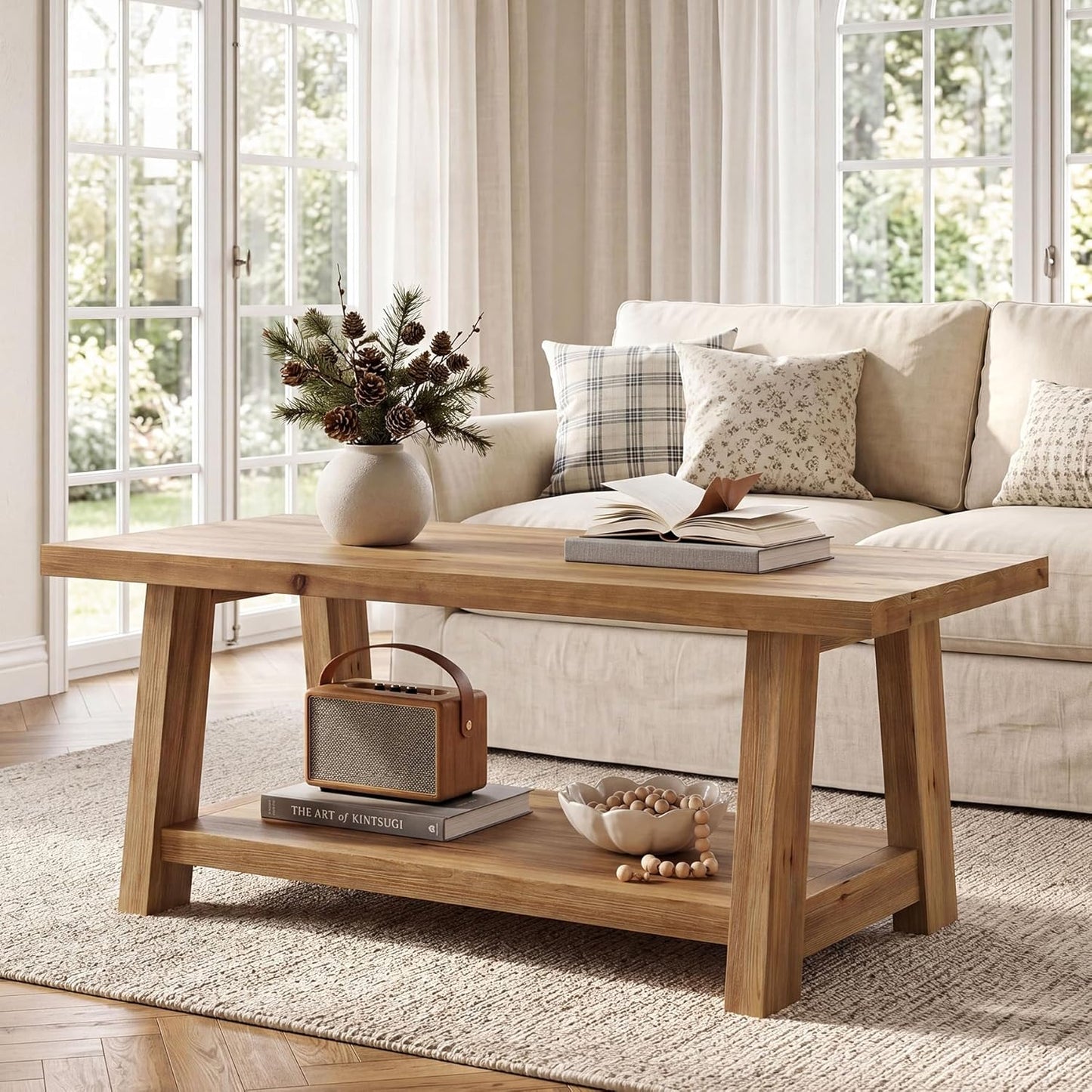 Rustic Solid Wood Coffee Table, 2-Tier Rectangle Accent Center Table with Lower Storage Shelf, Farmhouse Simple Cocktail Tea Tables with Sturdy Legs for Living Room, Brown